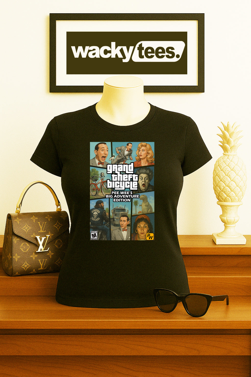 Pee Wee Herman Grand Theft Bicycle Big Adventure Edition Game Cover Graphic Tee Shirt