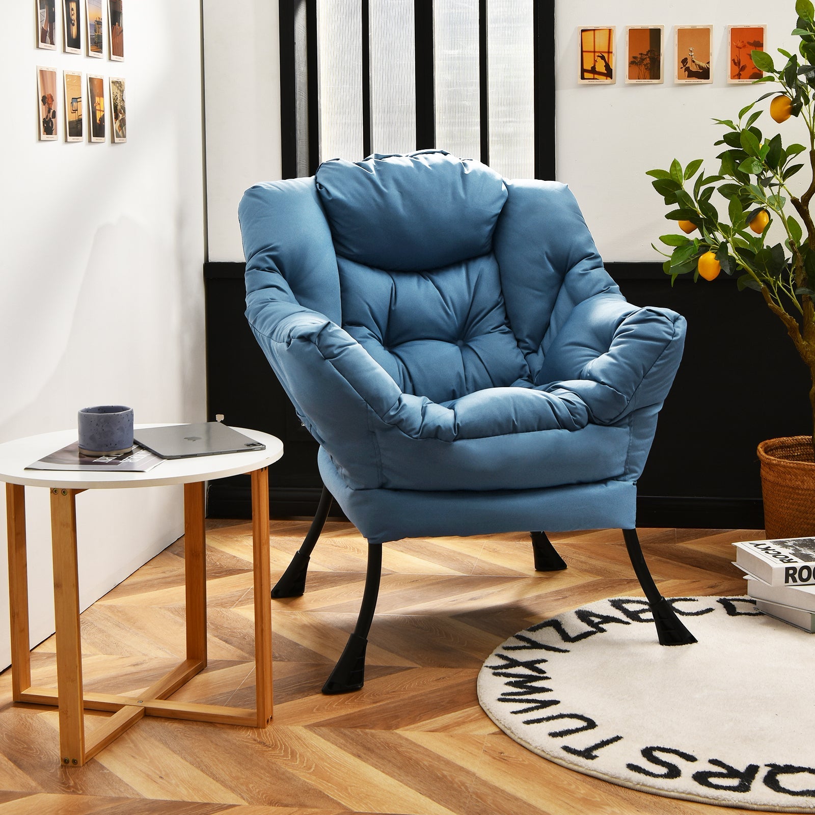 Modern Polyester Fabric Lazy Chair with Steel Frame and Side Pocket-Navy
