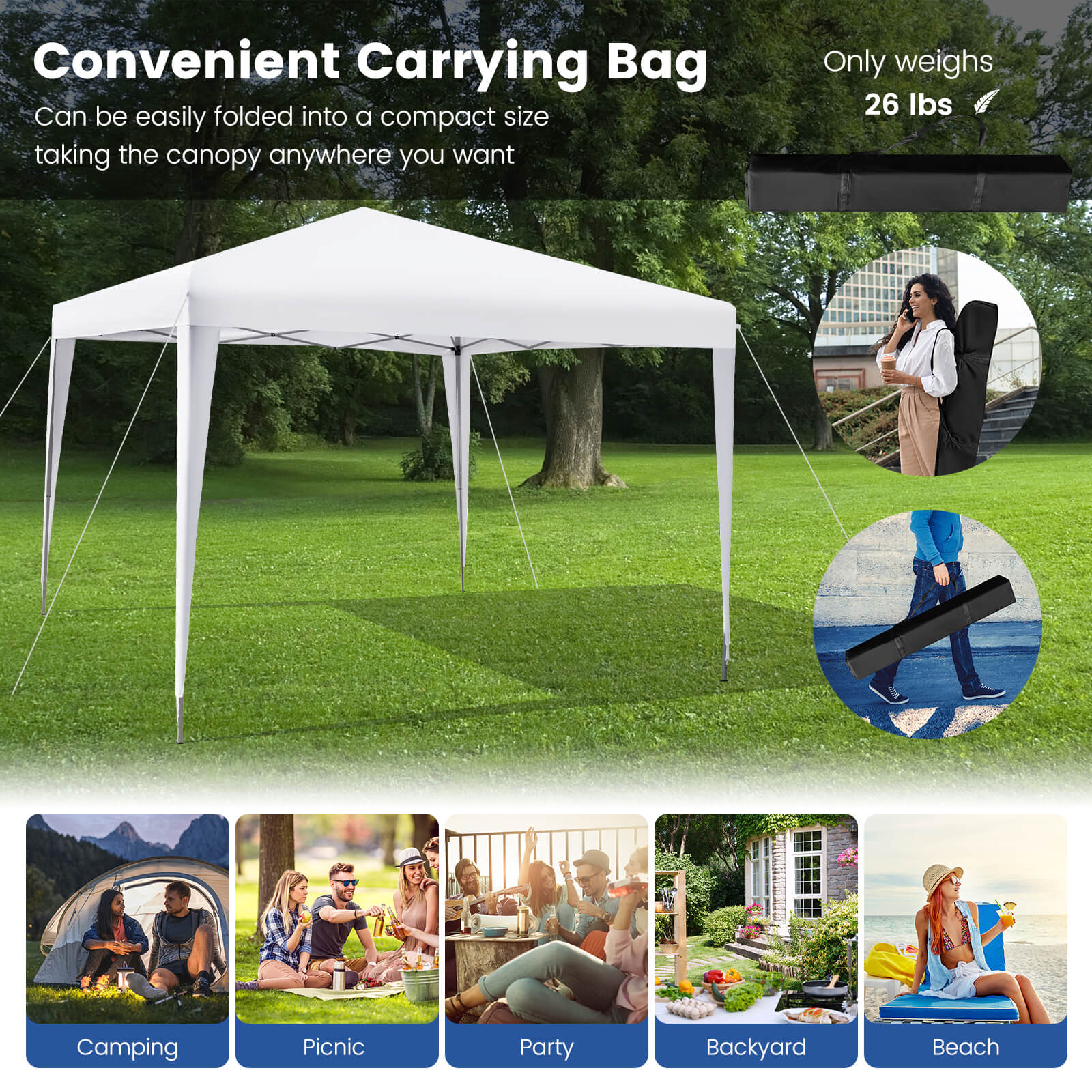 10 x 10 Feet Outdoor Pop-up Patio Canopy for  Beach and Camp-White