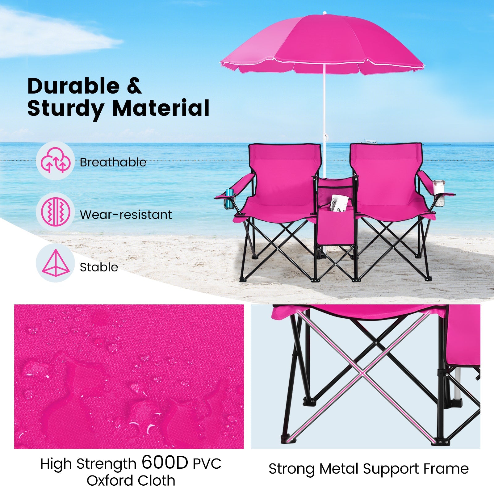 Portable Folding Picnic Double Chair With Removable Umbrella-Pink