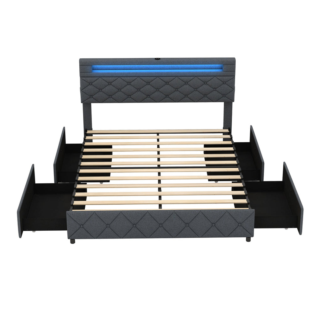 Full/Queen Size Bed Frame with Adjustable Storage Headboard and Wooden Slat Support-Queen Size