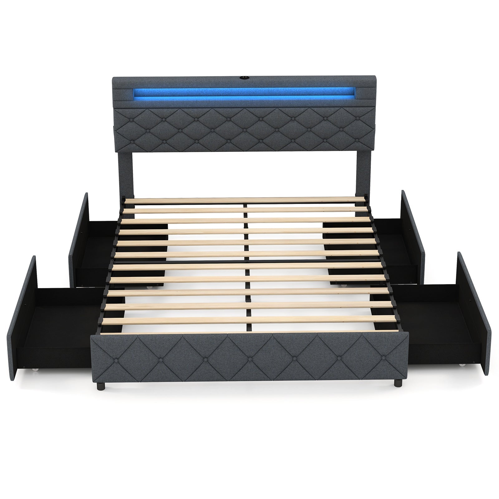 Full/Queen Size Bed Frame with Adjustable Storage Headboard and Wooden Slat Support-Queen Size