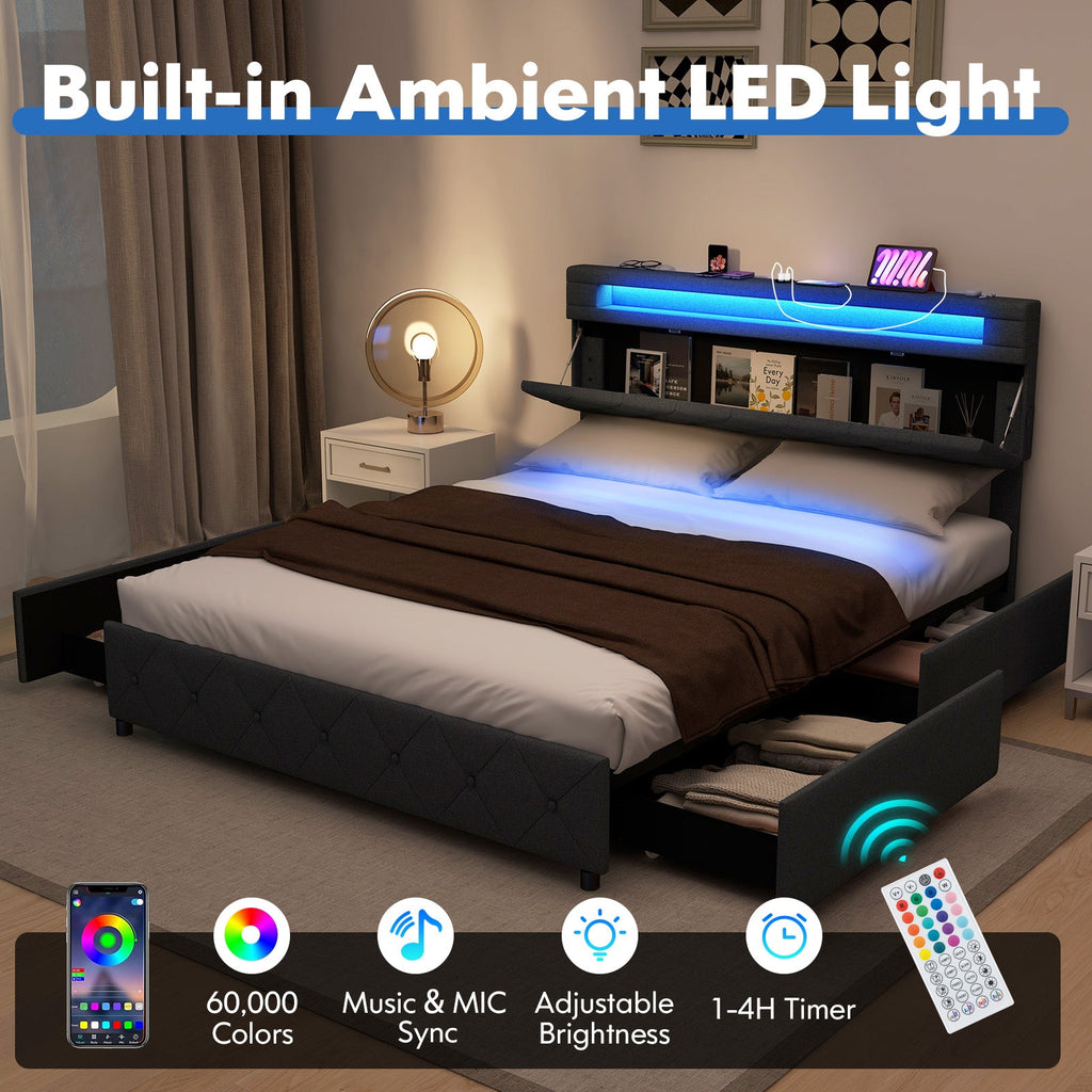 Full/Queen Size Bed Frame with Adjustable Storage Headboard and Wooden Slat Support-Queen Size