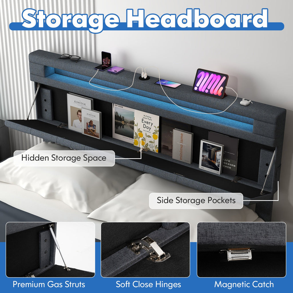 Full/Queen Size Bed Frame with Adjustable Storage Headboard and Wooden Slat Support-Queen Size