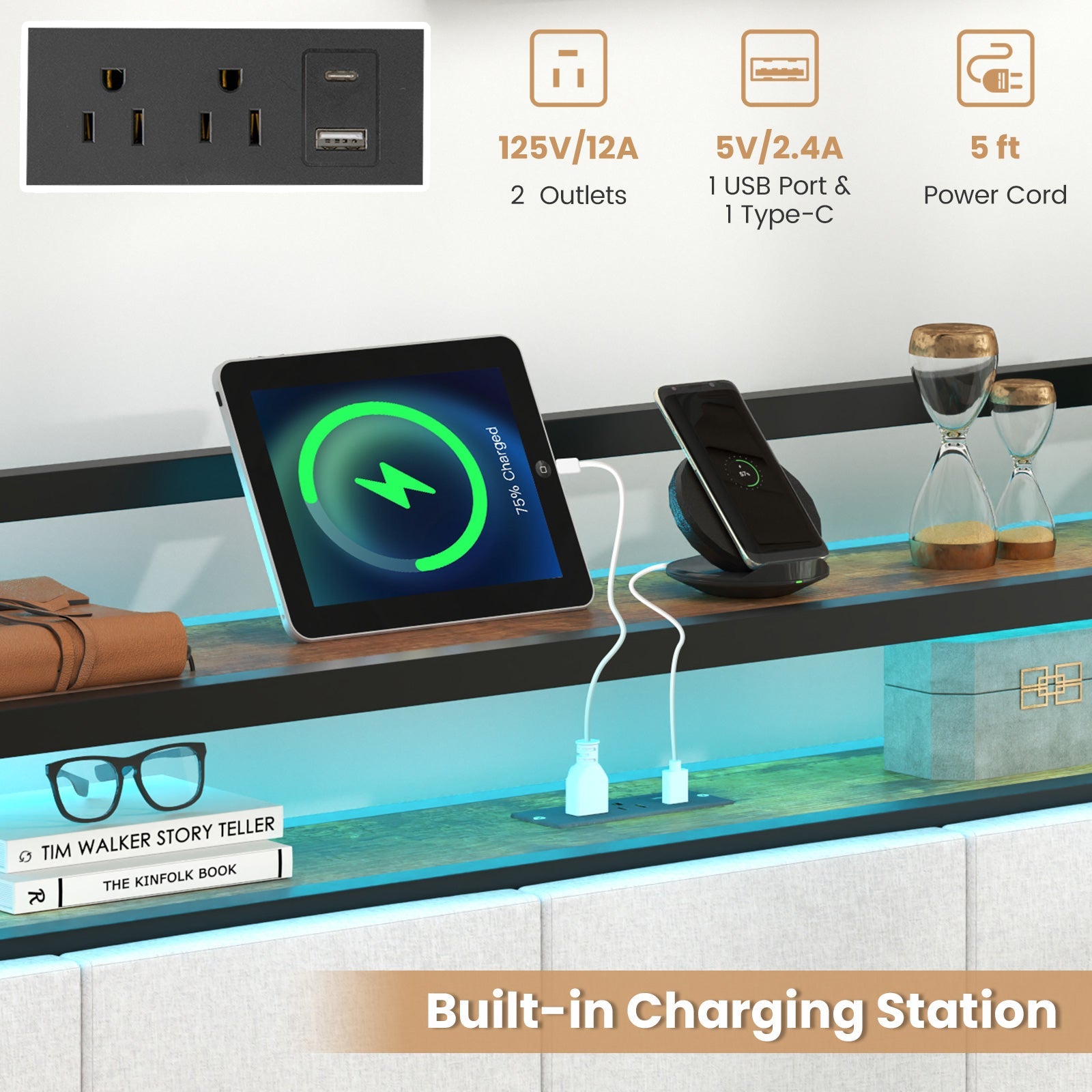 Twin/Full/Queen/King Size Bed Frame with LED Light and Charging Station-Queen Size