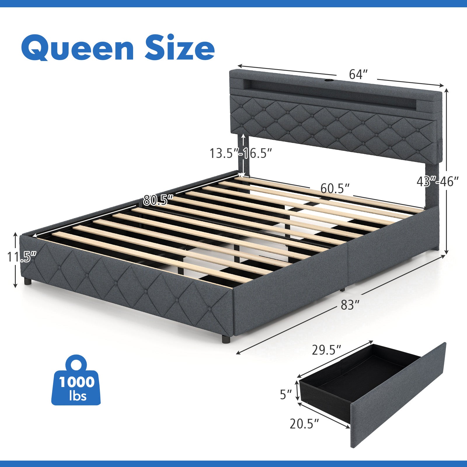 Full/Queen Size Bed Frame with Adjustable Storage Headboard and Wooden Slat Support-Queen Size