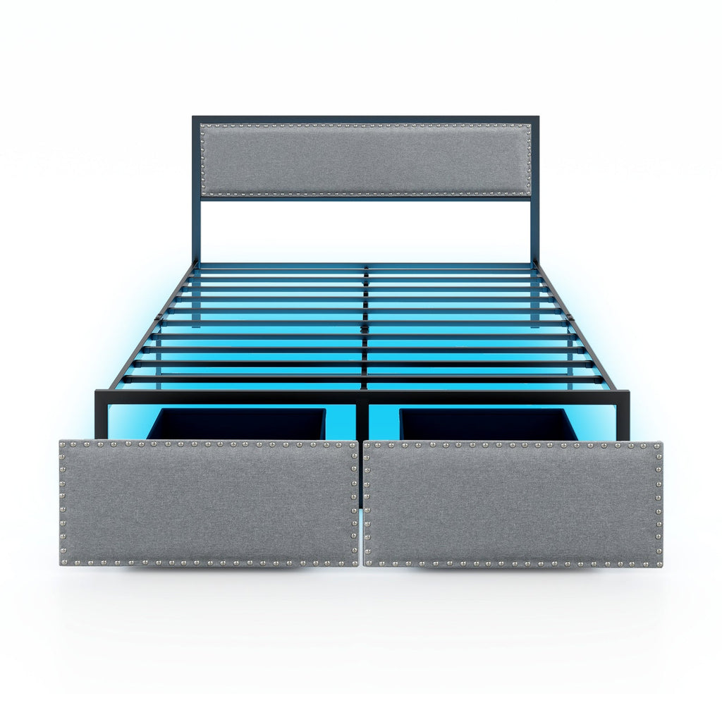 Full/Queen/Twin Size Bed Frame with LED Lights Drawer and Metal Slats-Queen Size