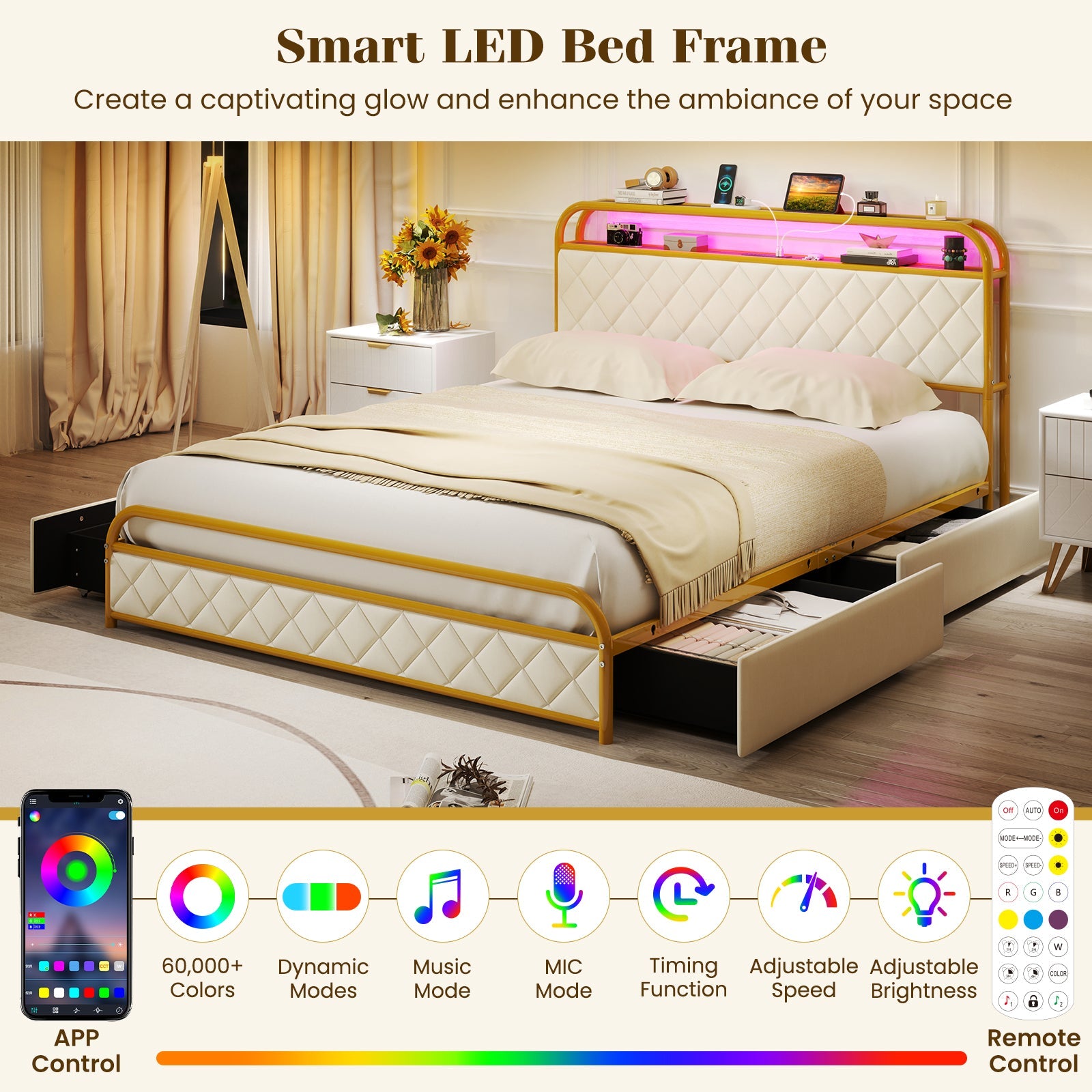Twin/Full/Queen Size Bed Frame with LED Lights and Charging Station Gold-Queen Size
