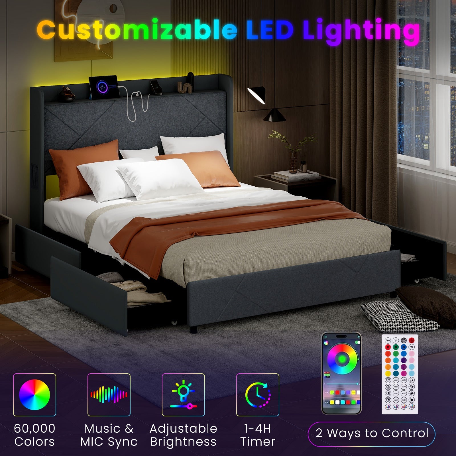 Full/Queen Size Bed Frame with LED Lights and Charging Station-Queen Size