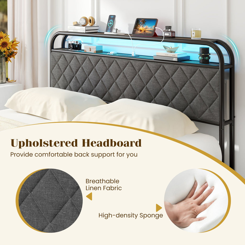 Twin/Full/Queen Size Bed Frame with LED Lights and Charging Station-Queen Size