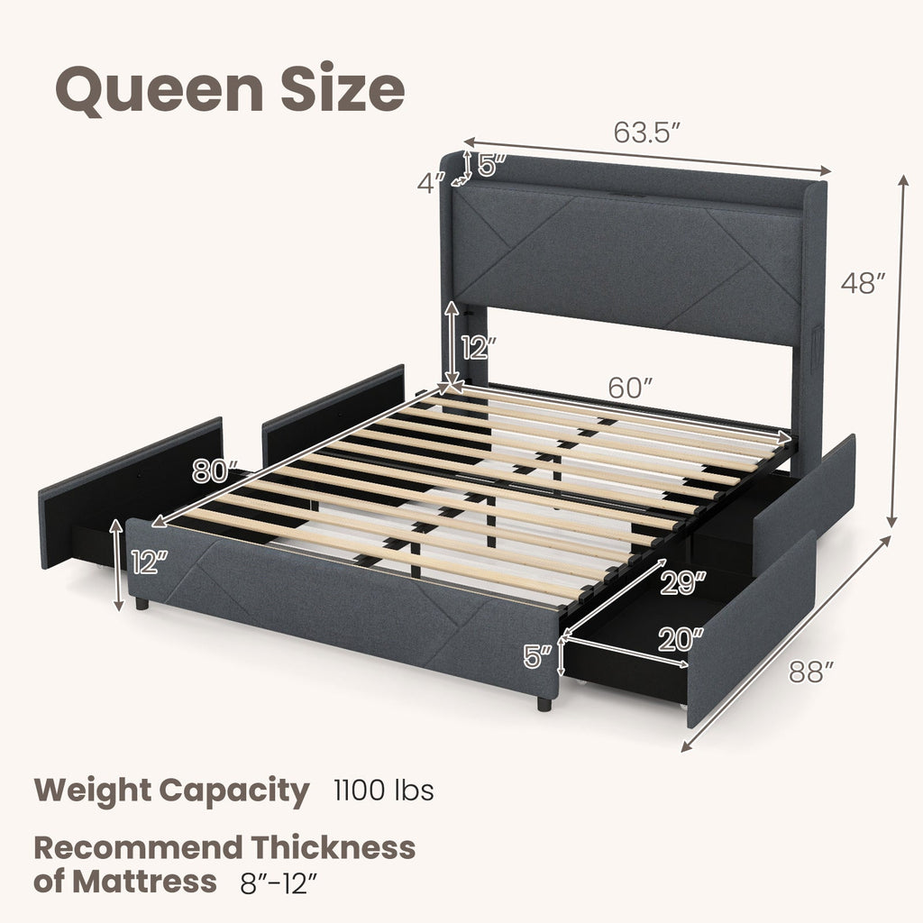 Full/Queen Size Bed Frame with LED Lights and Charging Station-Queen Size