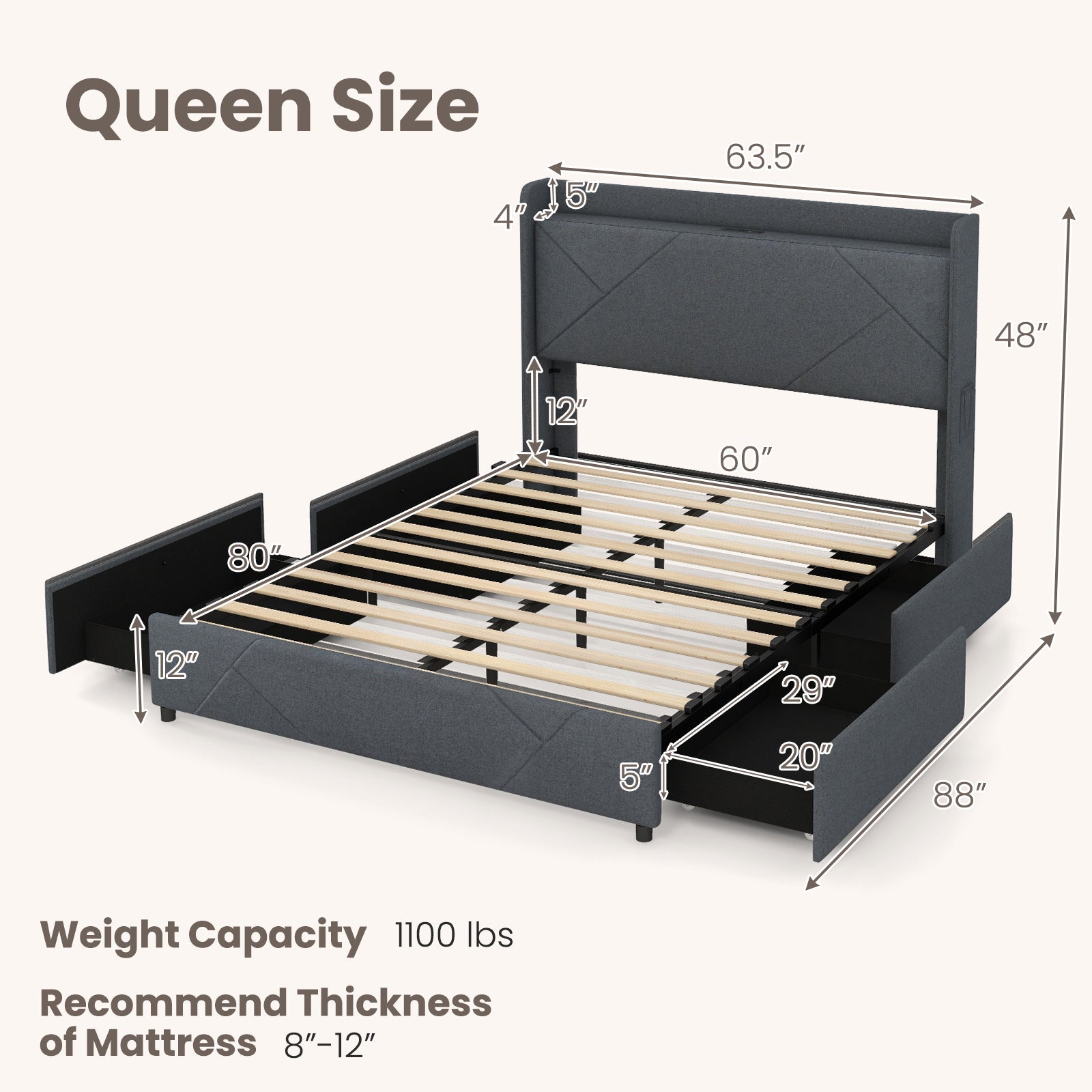 Full/Queen Size Bed Frame with LED Lights and Charging Station-Queen Size