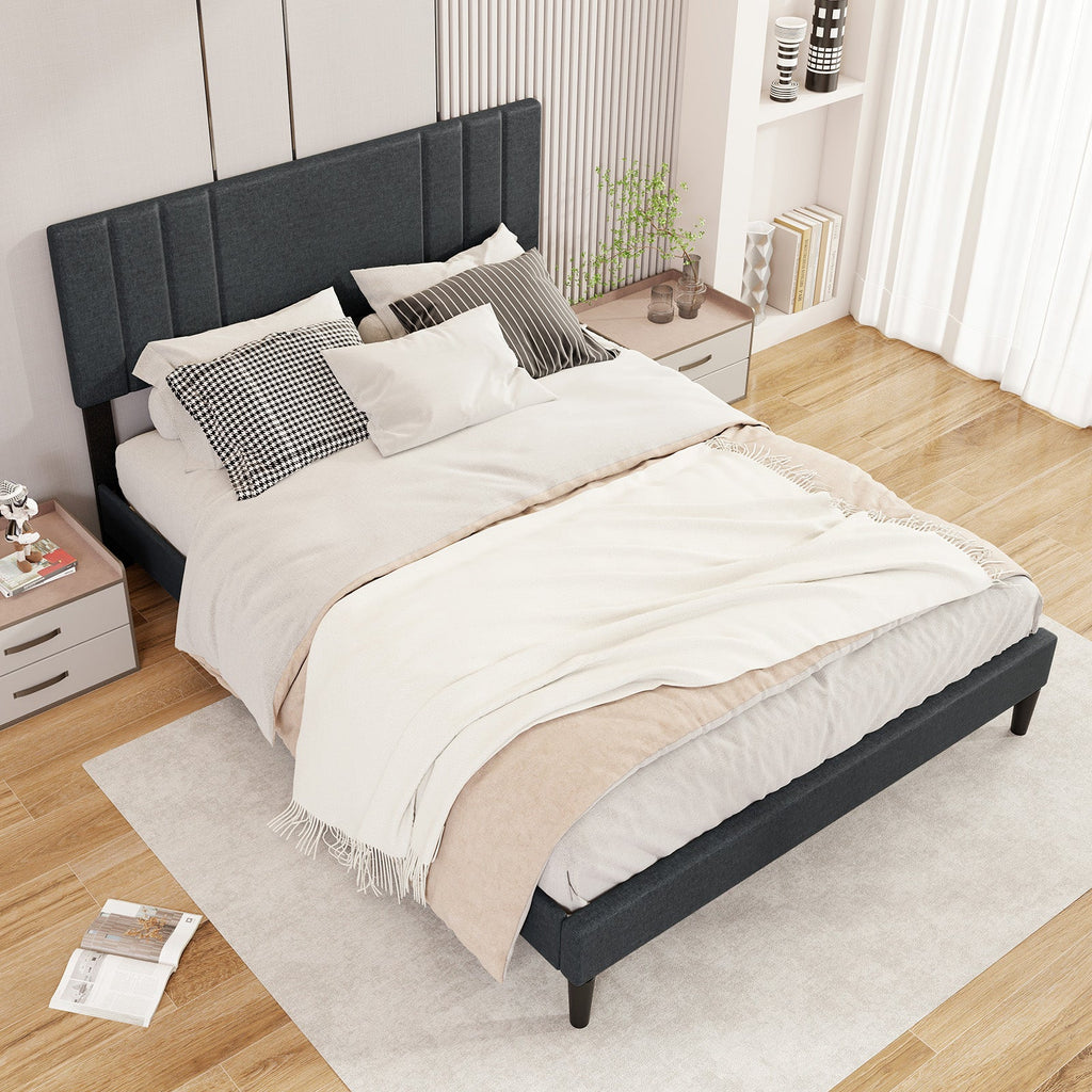 Full/Queen/Twin Size Bed Frame with Vertical Channel Tufted Headboard and Wooden Slats-Queen Size