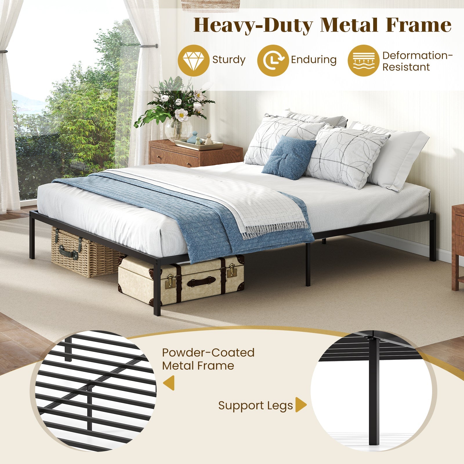 Full/Queen/King Size Metal Bed Frame Heavy Duty Support Slats Mattress Foundation-Queen Size