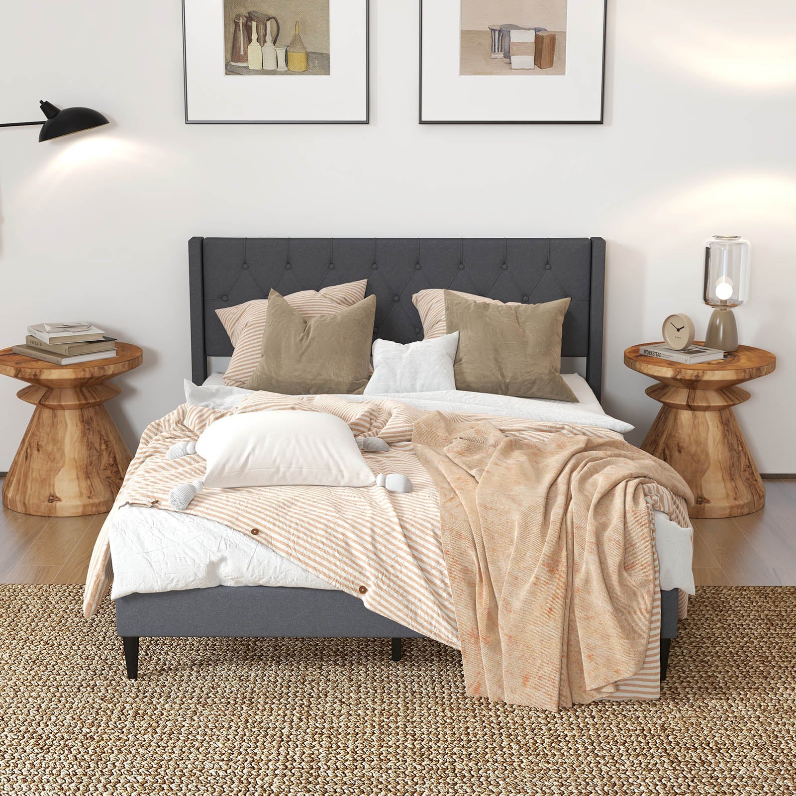 Queen Size Upholstered Platform Bed with Button Tufted Wingback Headboard-Gray