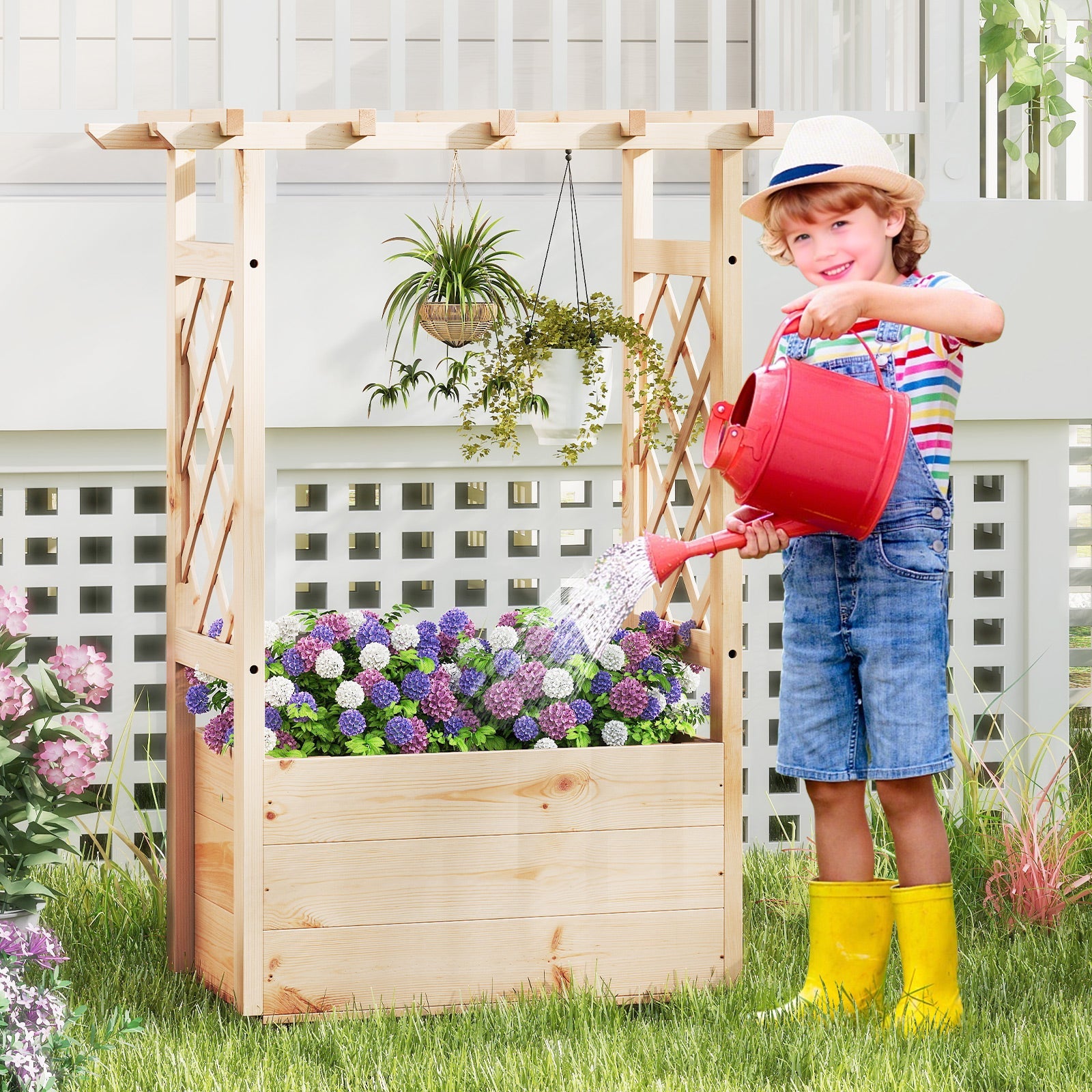Raised Garden Bed Wooden Elevated Planter Box with Hanging Roof-S