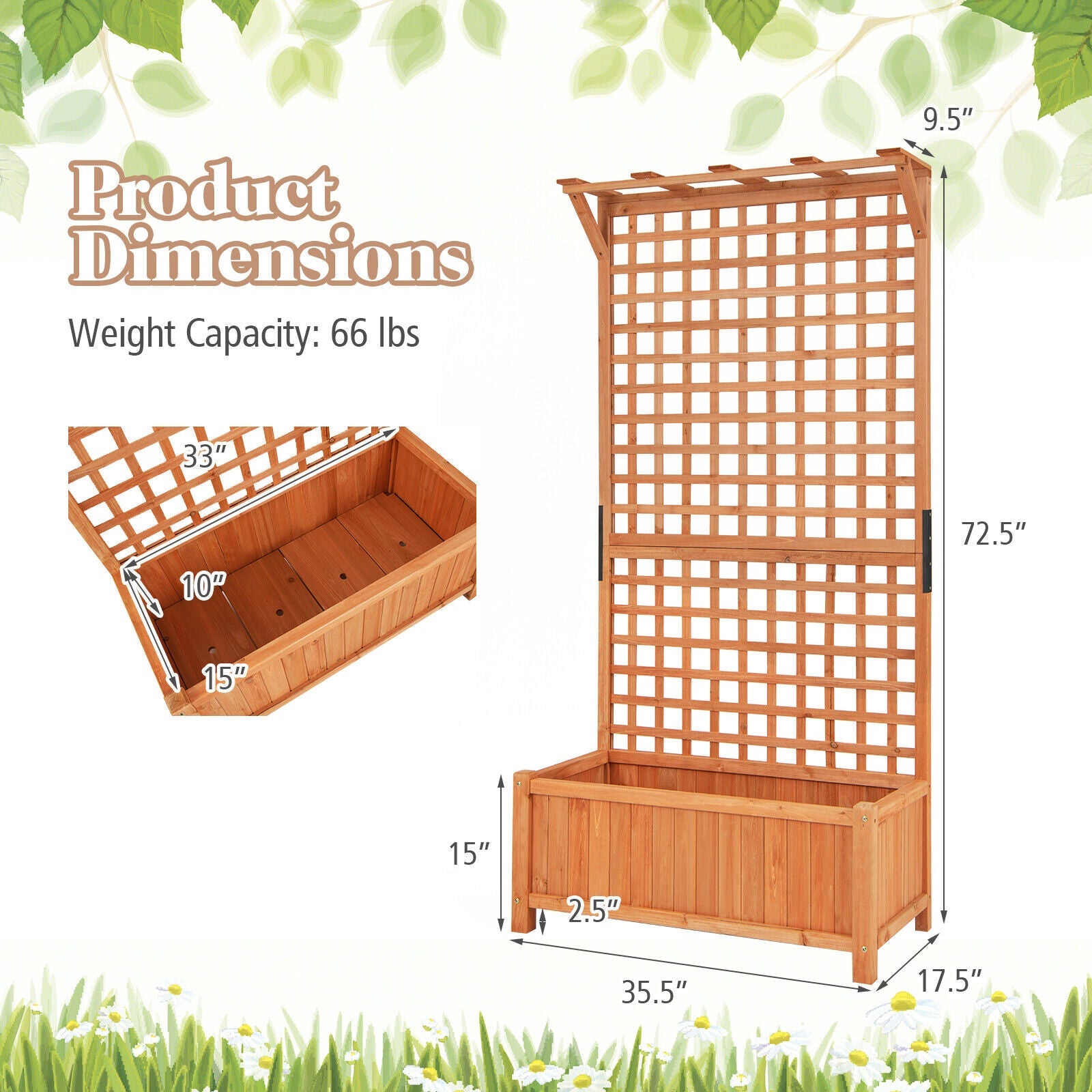 Raised Garden Bed with Trellis and Hanging Roof-Natural
