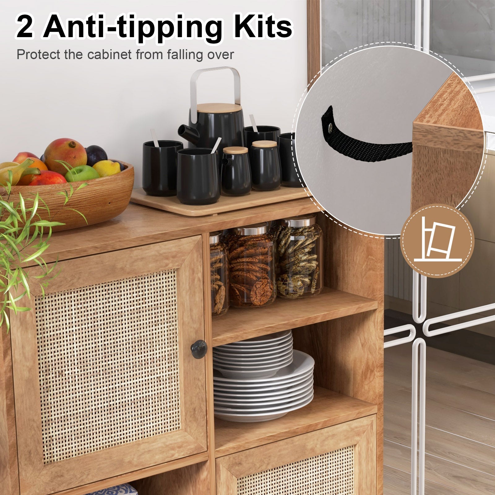 Rattan Buffet Cabinet with 2 Doors and 2 Cubbies-Natural