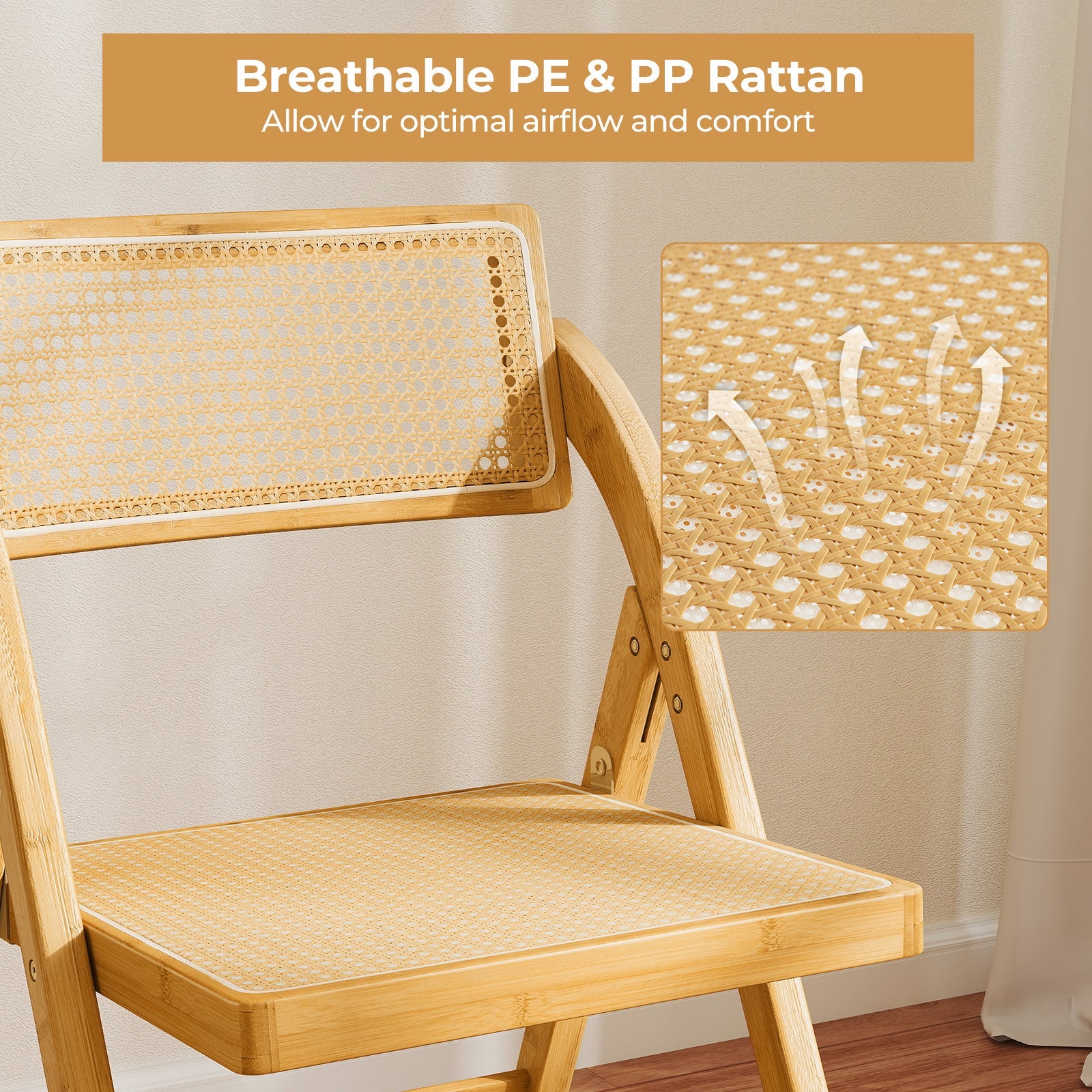 Rattan Cane Folding Dining Chairs Set of 2 with Rotatable Backrests-Natural