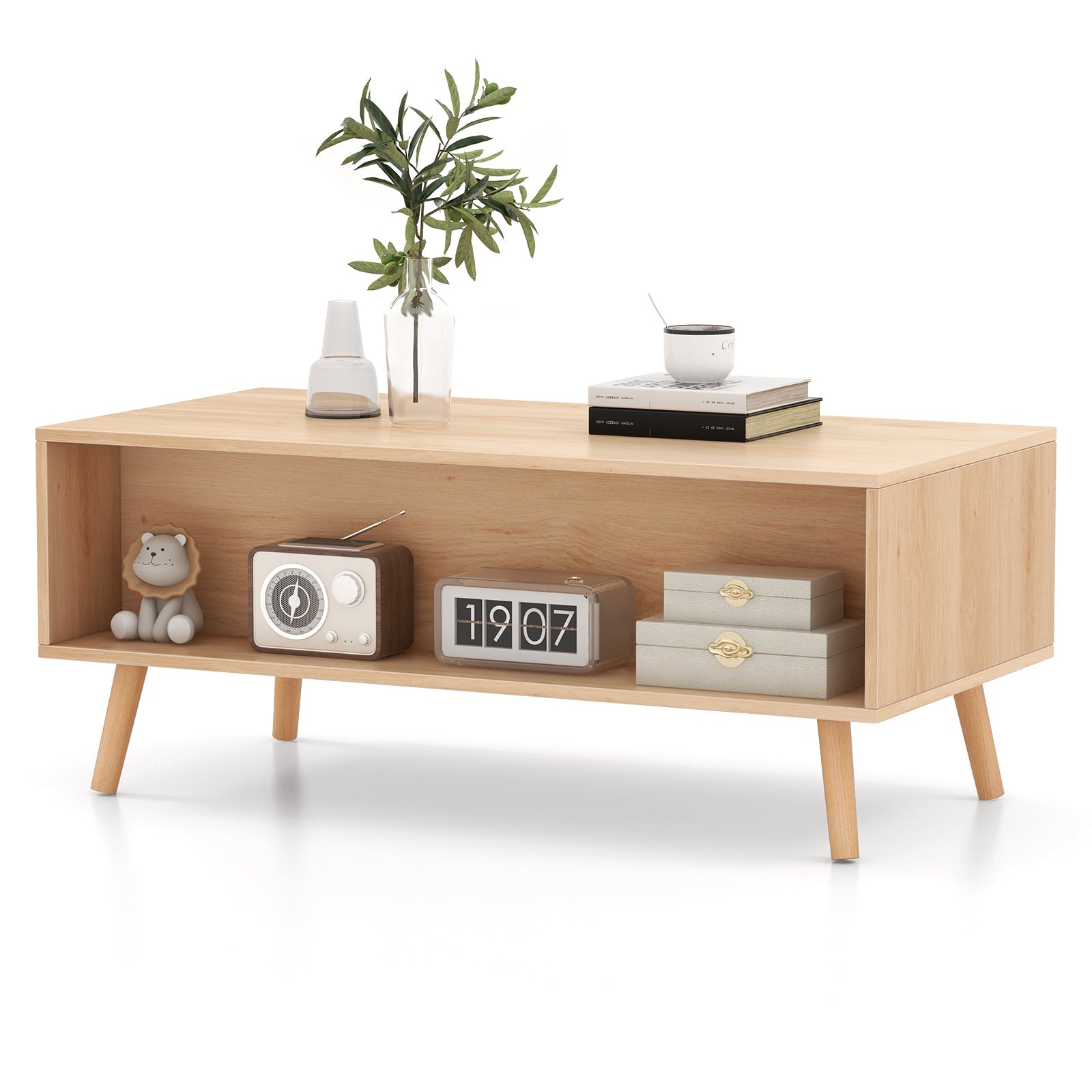 Rattan Coffee Table Mid Century Modern Center Table with 2 Storage Drawers-Natural