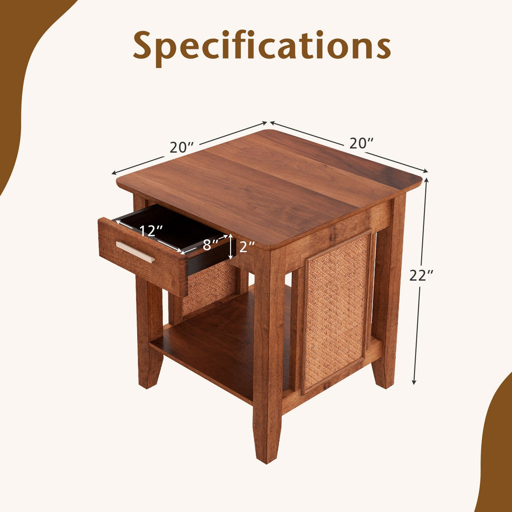 Rattan Nightstand End Table with Drawer and Storage Shelf-Walnut