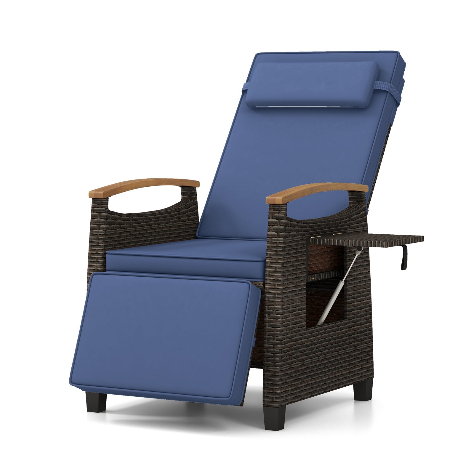 Patio Wicker Recliner Chair with Adjustable Backrest and Footrest-Navy