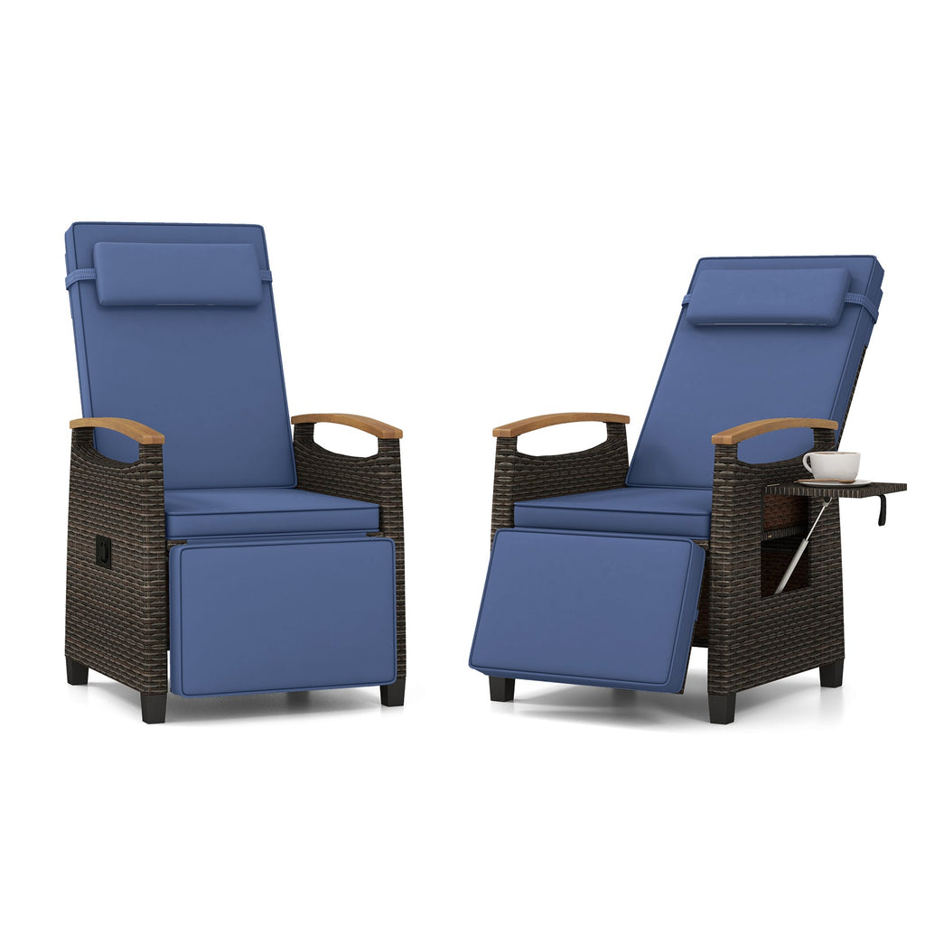Patio Wicker Recliner Chair with Adjustable Backrest and Footrest-Navy