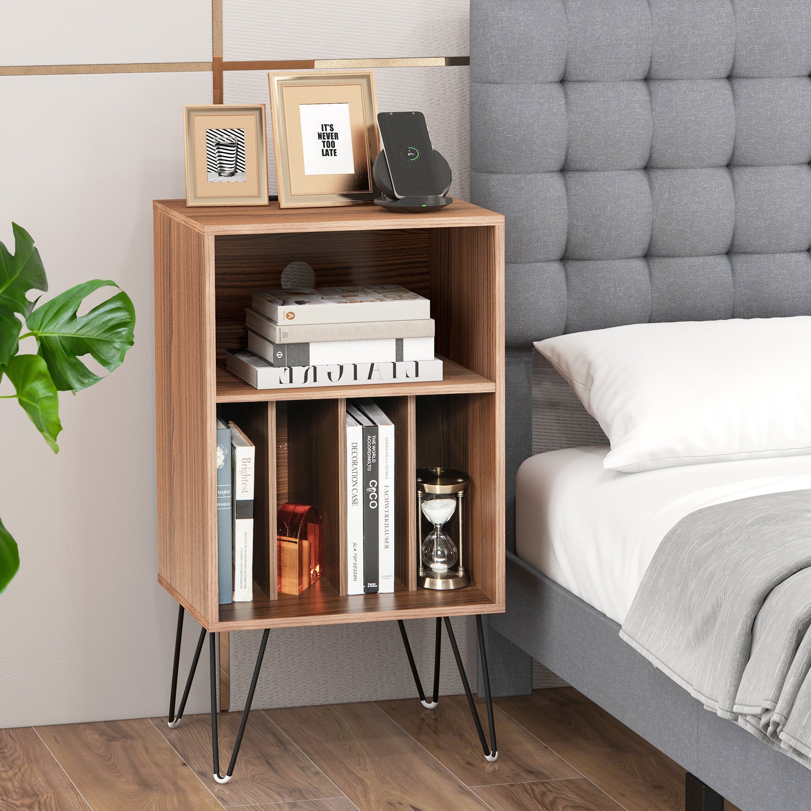 Record Player Stand with Charging Station for Living Room Bedroom-Walnut