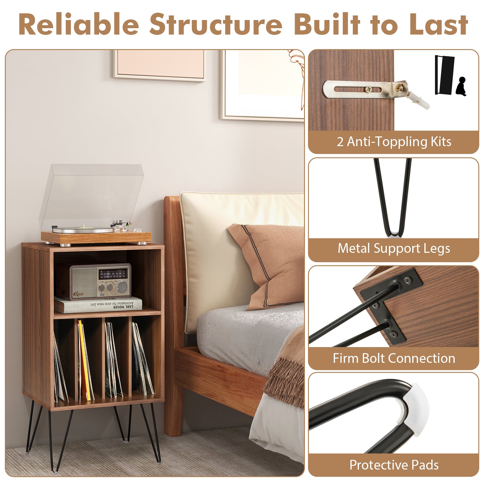 Record Player Stand with Charging Station for Living Room Bedroom-Walnut