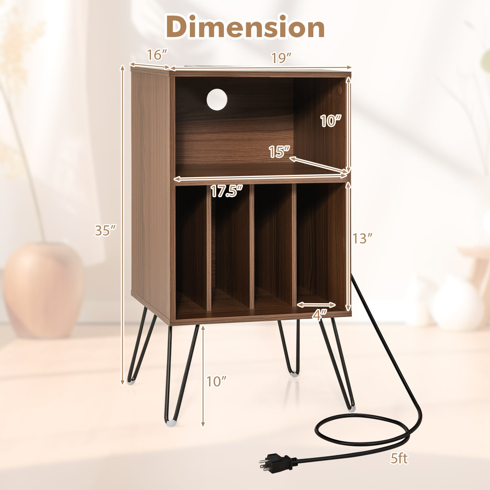 Record Player Stand with Charging Station for Living Room Bedroom-Walnut