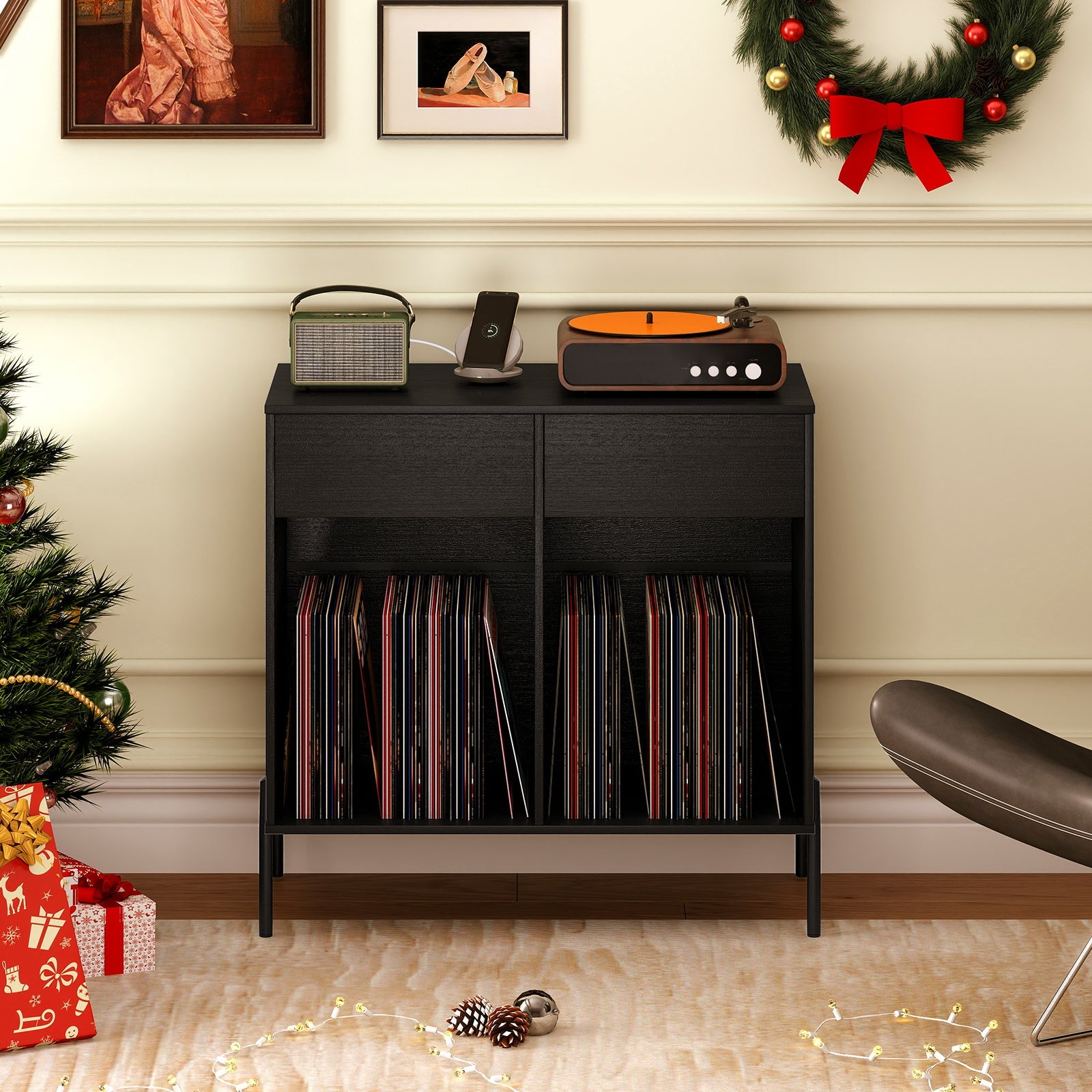 Record Player Stand with Power Outlets Double Wide Turntable Stand Vinyl Record Storage Table-Black