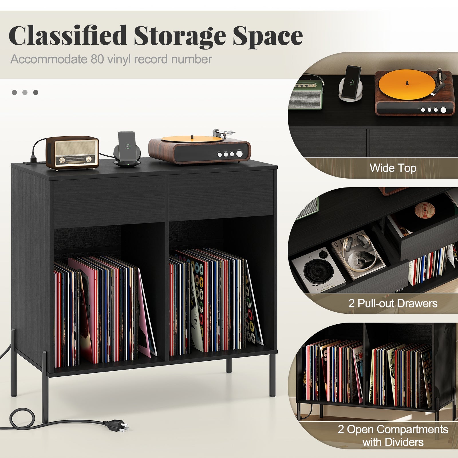 Record Player Stand with Power Outlets Double Wide Turntable Stand Vinyl Record Storage Table-Black