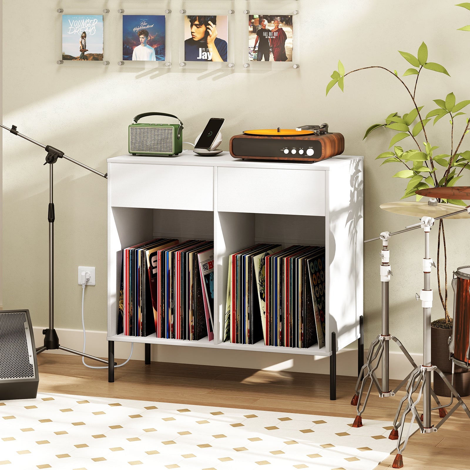 Record Player Stand with Power Outlets Double Wide Turntable Stand Vinyl Record Storage Table-White