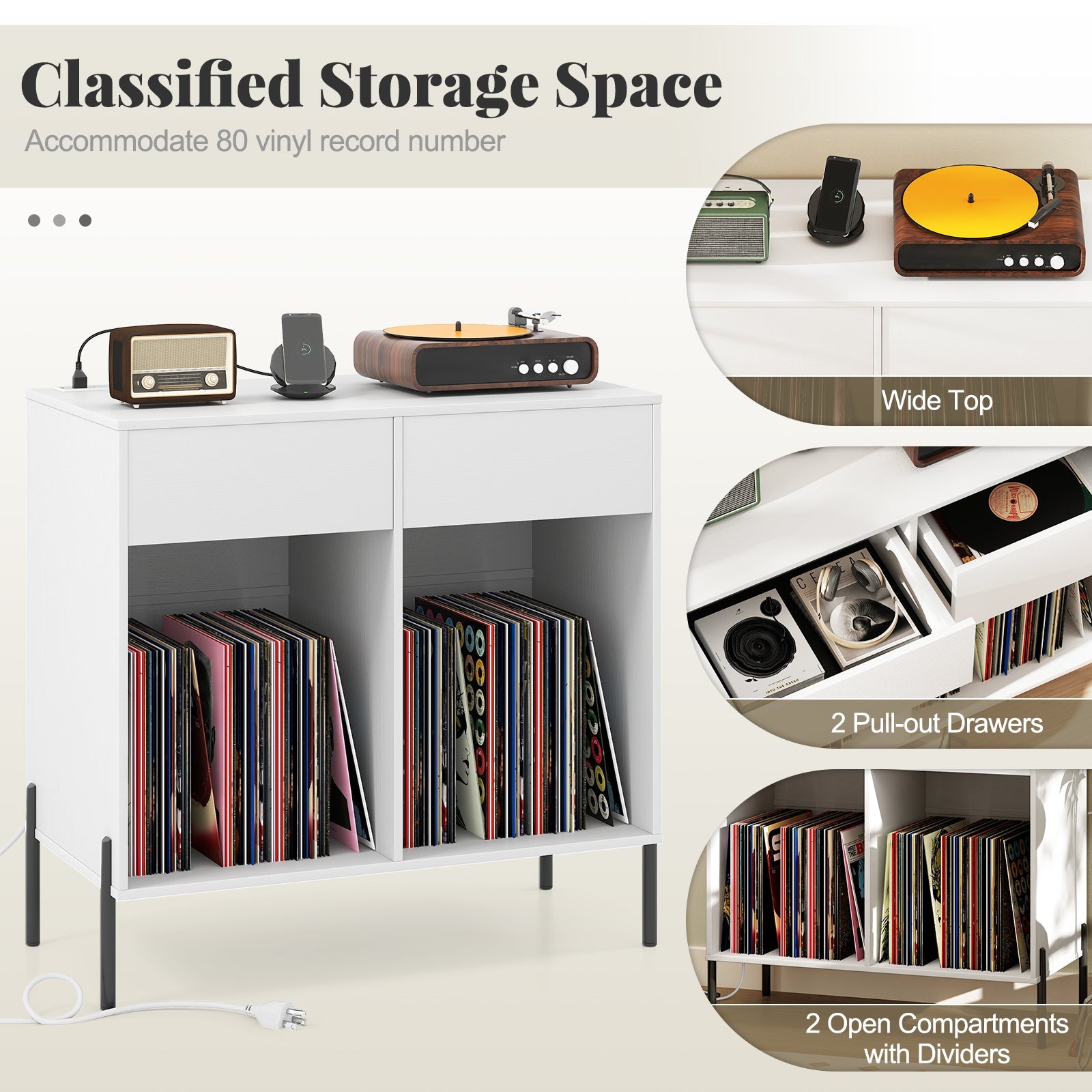 Record Player Stand with Power Outlets Double Wide Turntable Stand Vinyl Record Storage Table-White