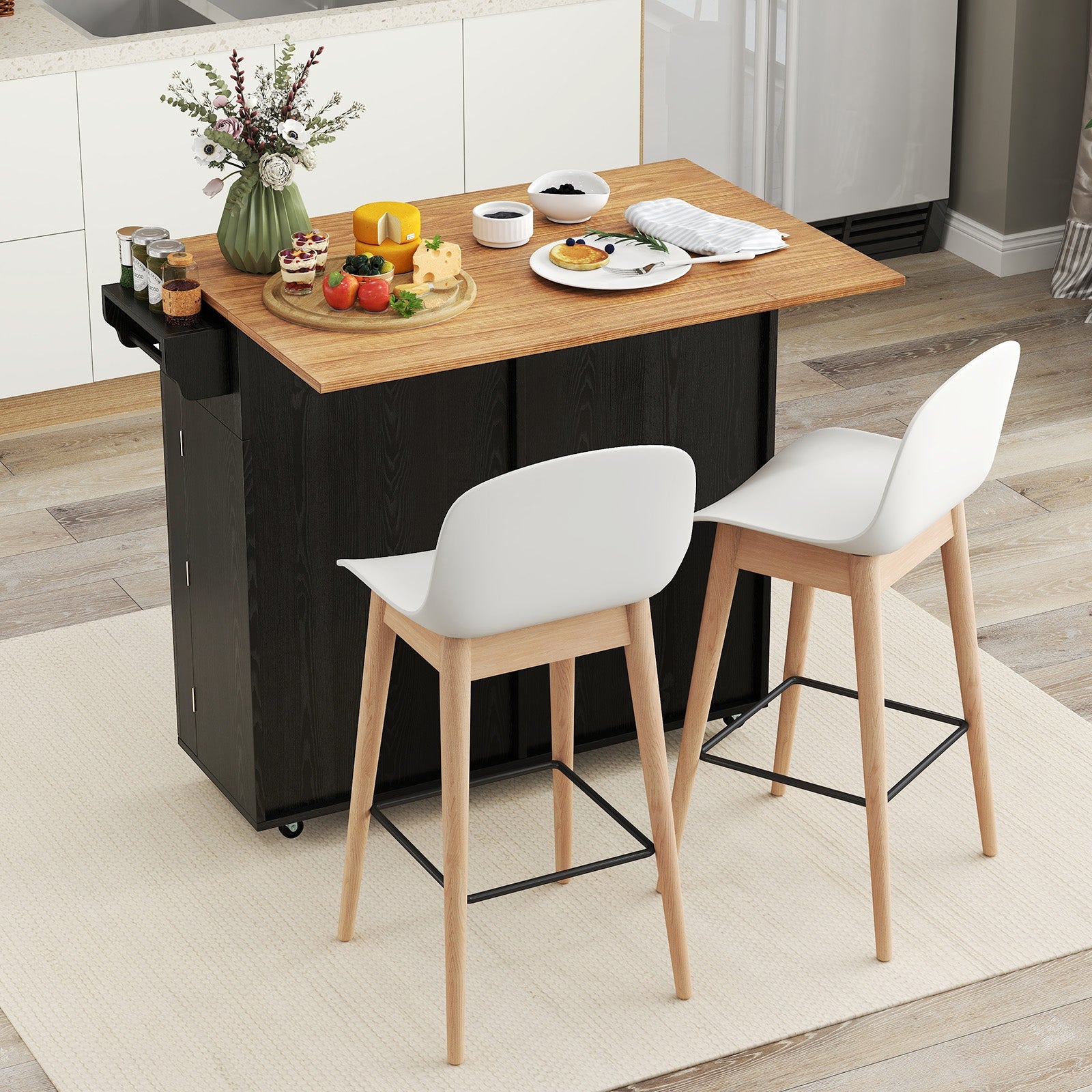 Rolling Kitchen Island with Trash Can Cabinet and Rubber Universal Wheels-Black