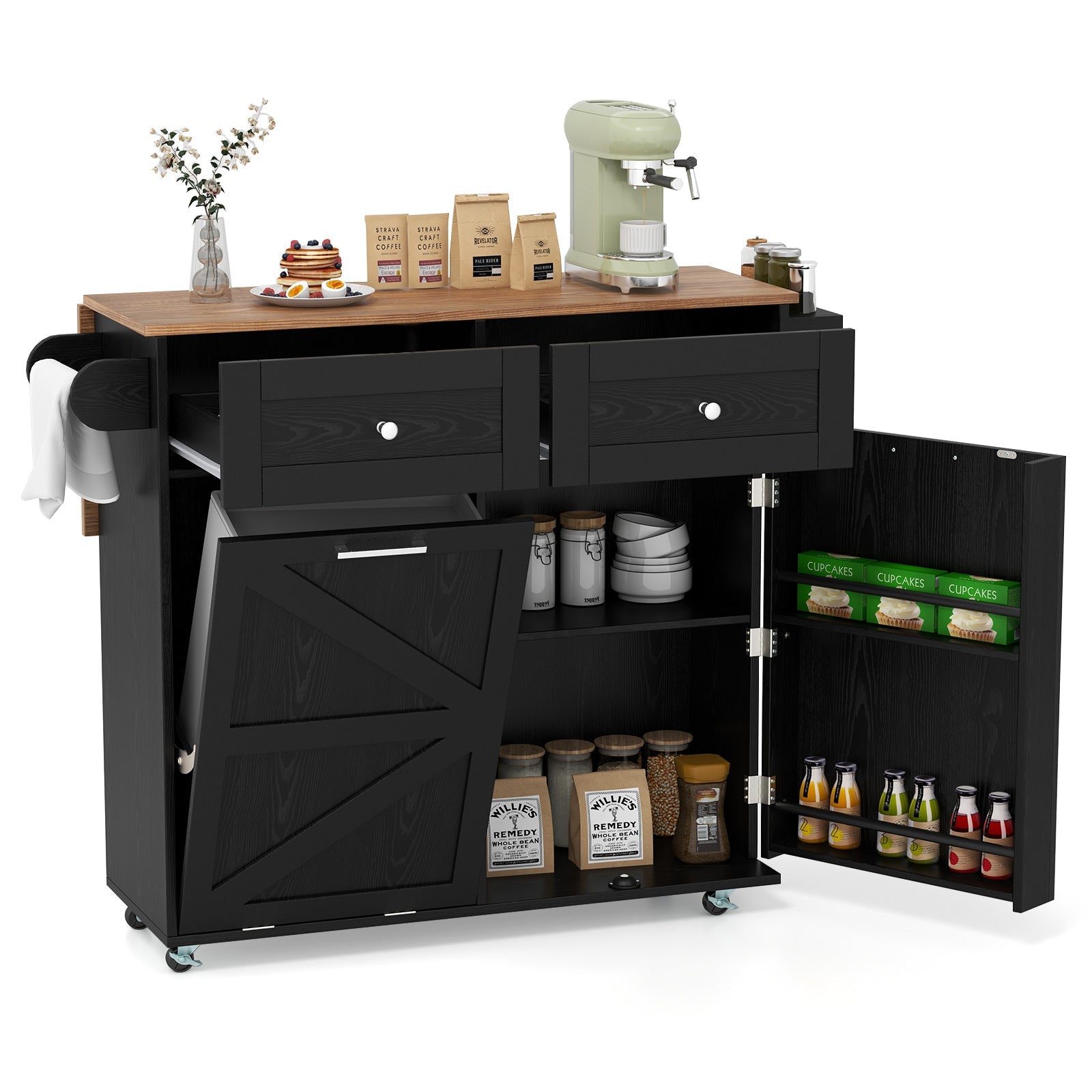 Rolling Kitchen Island with Trash Can Cabinet and Rubber Universal Wheels-Black