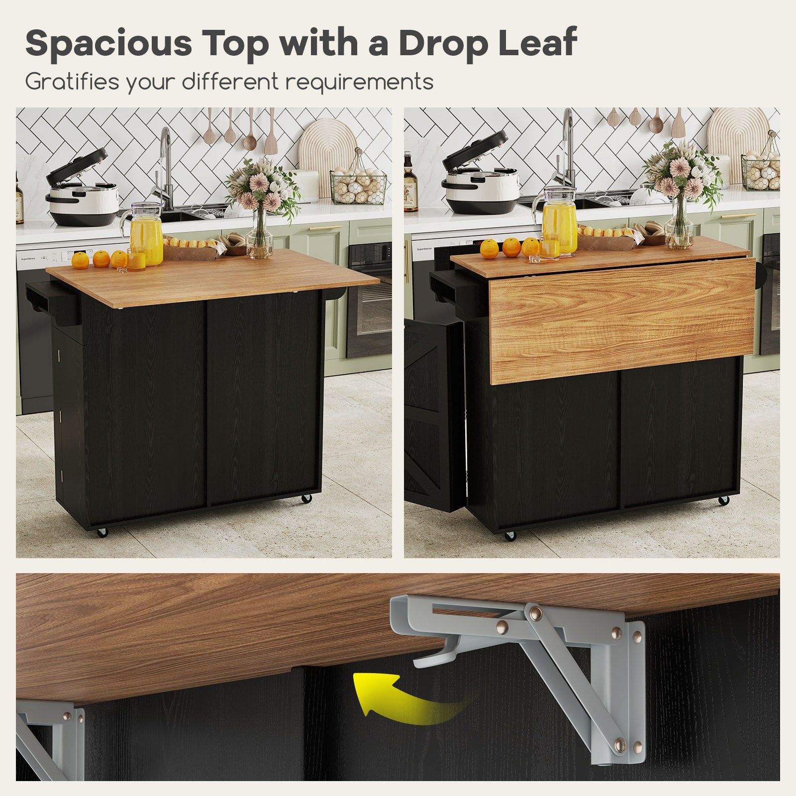 Rolling Kitchen Island with Trash Can Cabinet and Rubber Universal Wheels-Black