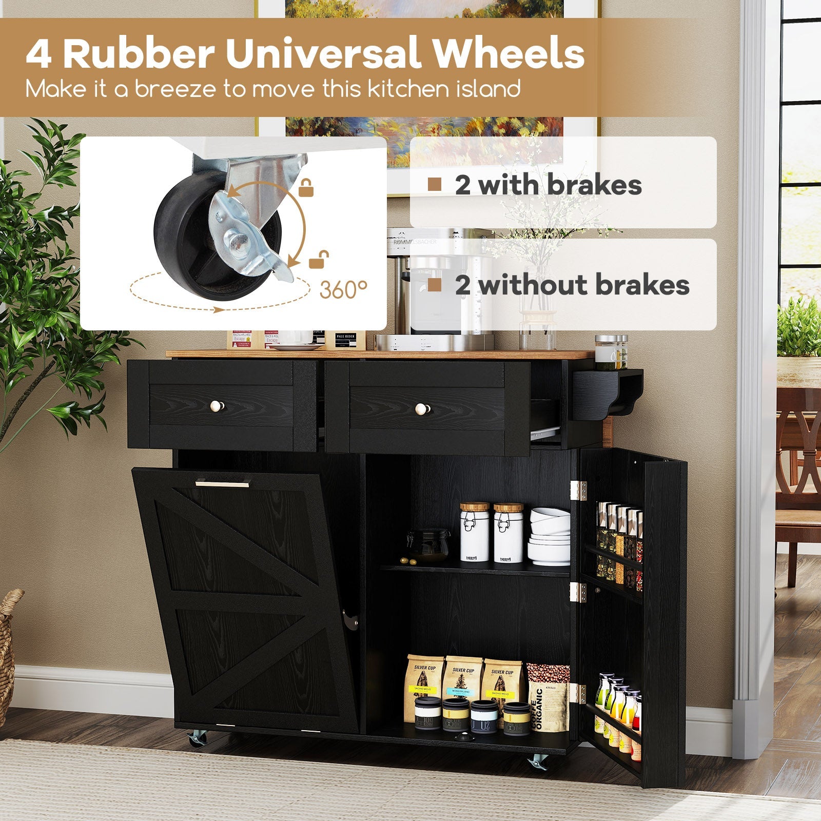 Rolling Kitchen Island with Trash Can Cabinet and Rubber Universal Wheels-Black