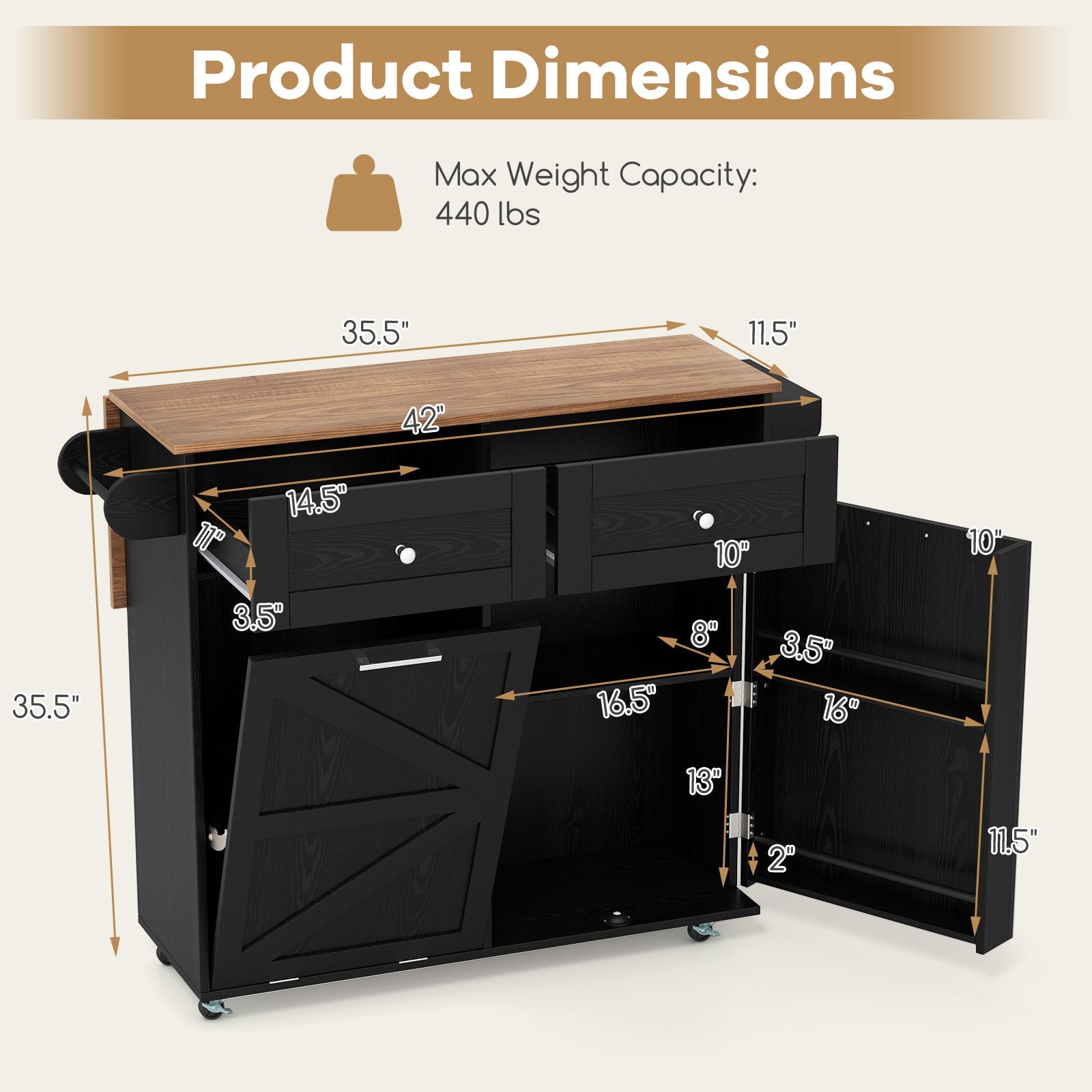 Rolling Kitchen Island with Trash Can Cabinet and Rubber Universal Wheels-Black