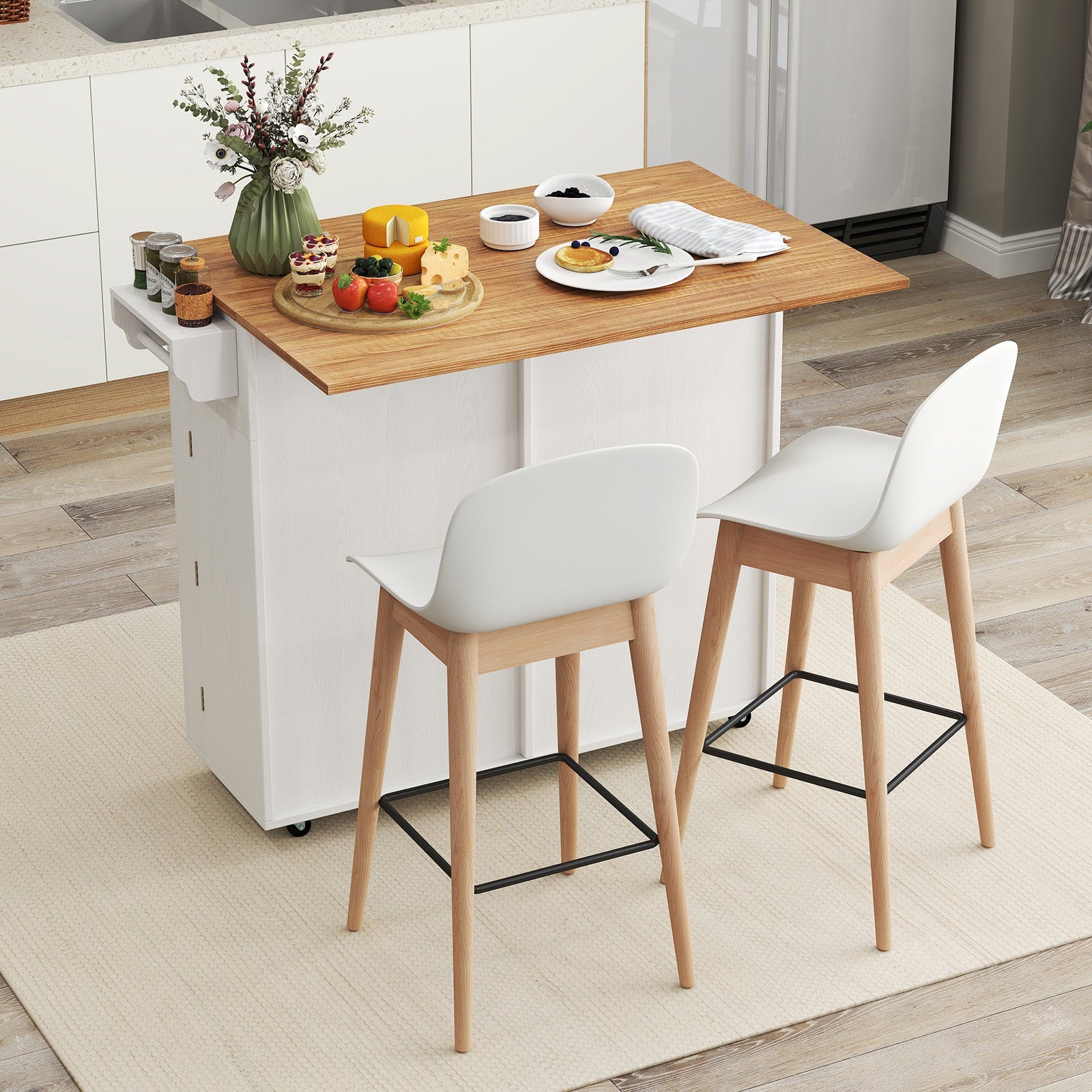 Rolling Kitchen Island with Trash Can Cabinet and Rubber Universal Wheels-White