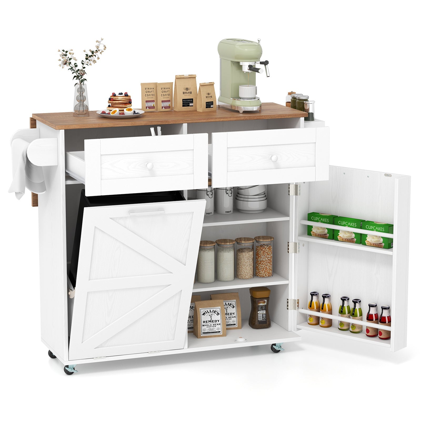Rolling Kitchen Island with Trash Can Cabinet and Rubber Universal Wheels-White