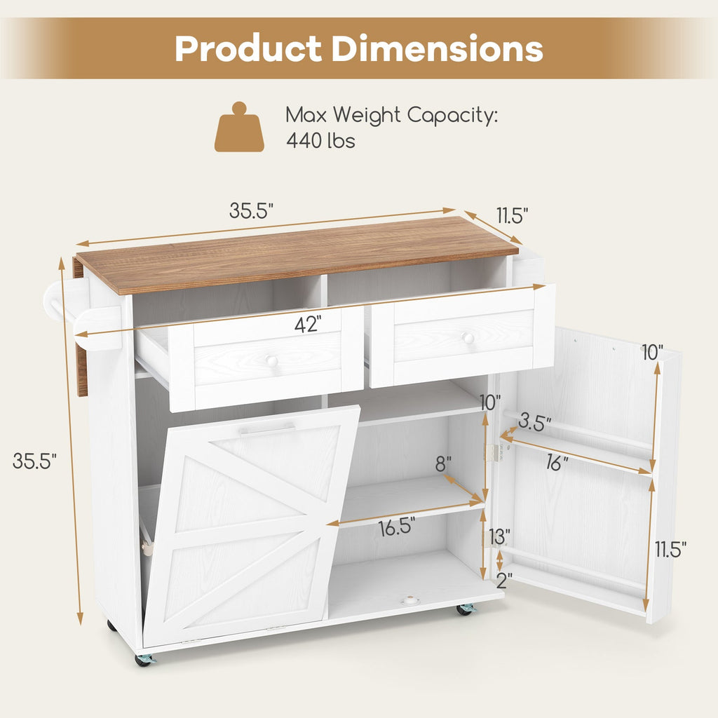 Rolling Kitchen Island with Trash Can Cabinet and Rubber Universal Wheels-White