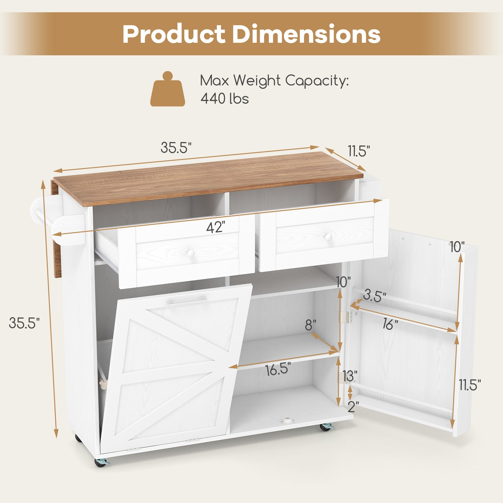 Rolling Kitchen Island with Trash Can Cabinet and Rubber Universal Wheels-White