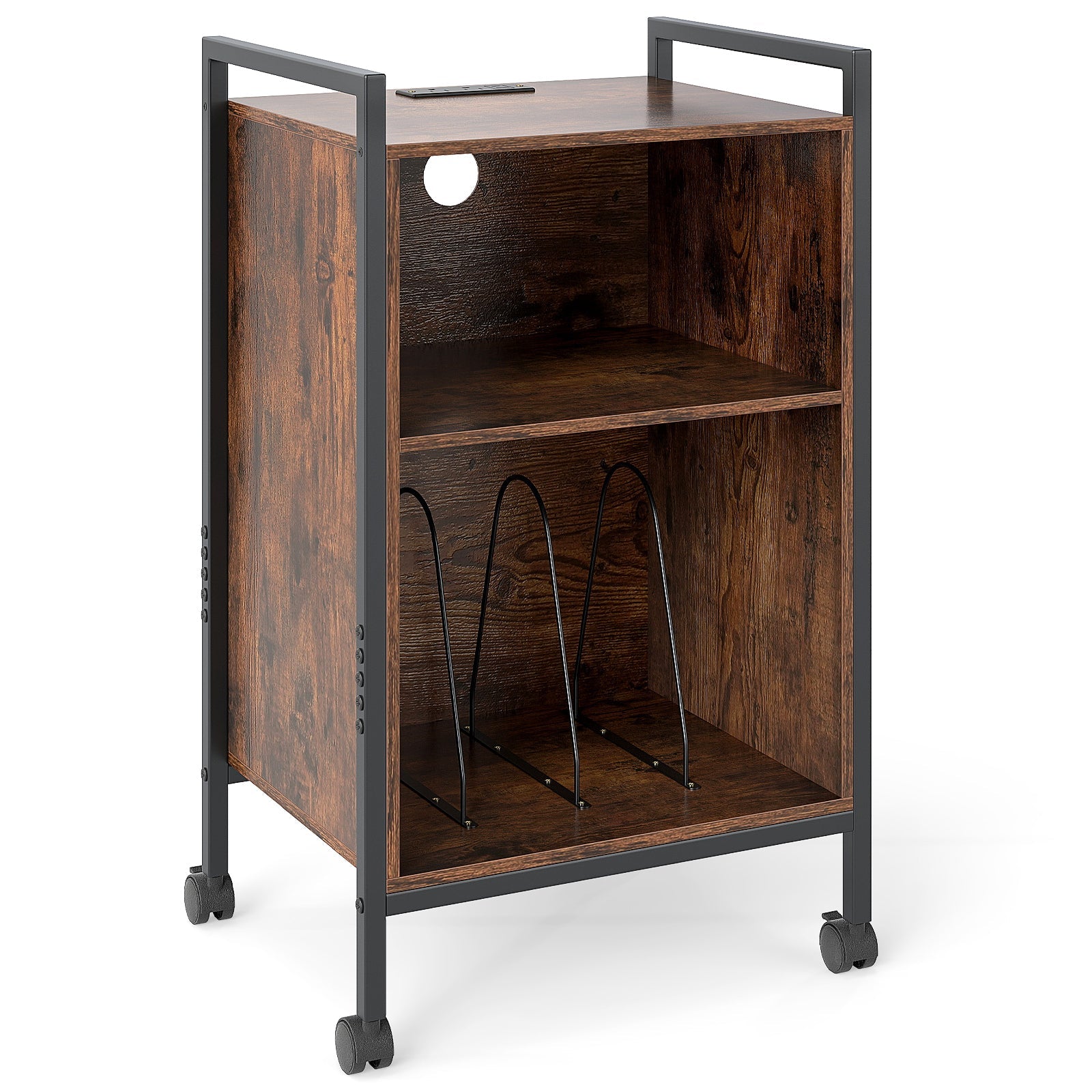 Mobile Record Player Stand with Power Outlet-Rustic Brown