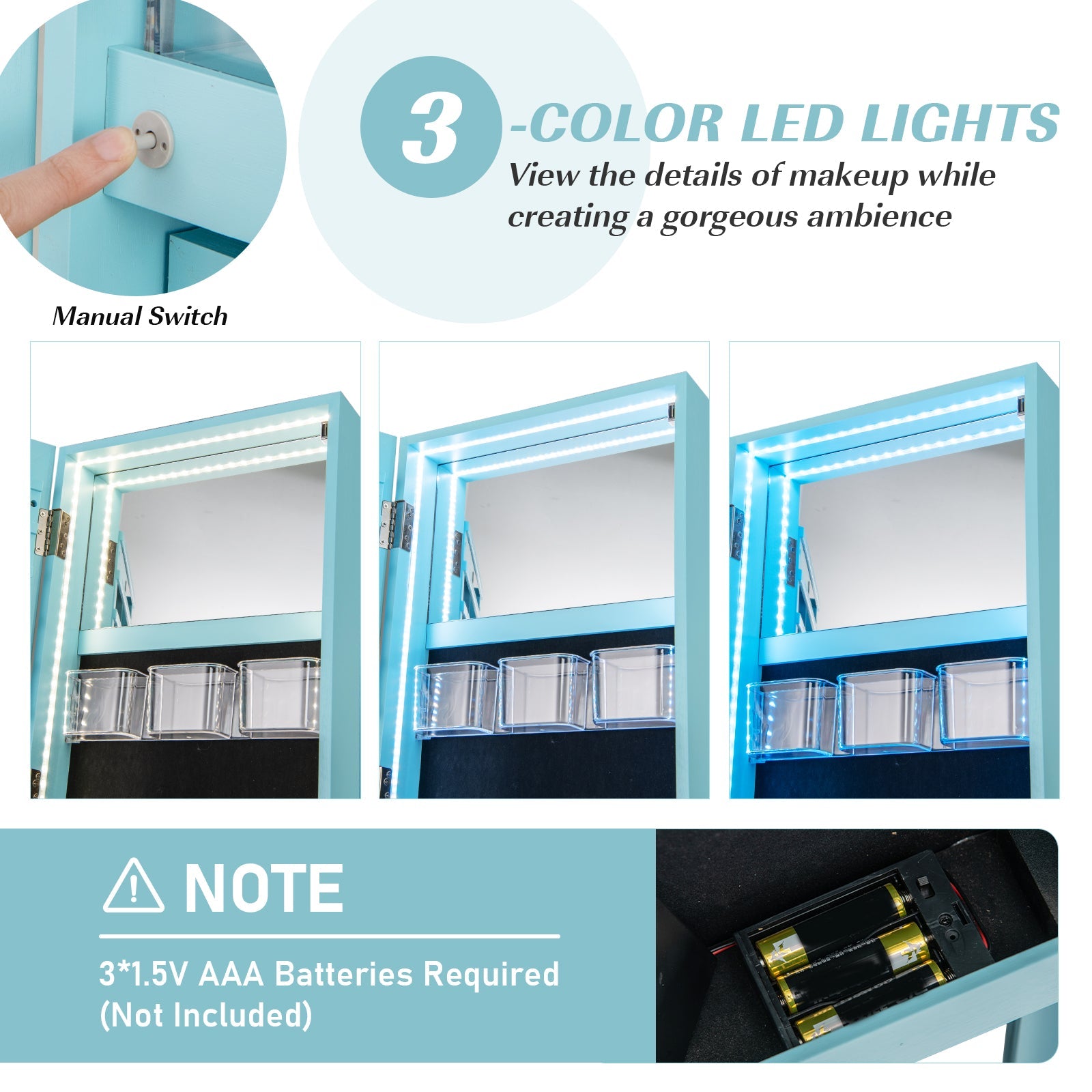 360° Rotating Mirrored Jewelry Cabinet Armoire 3 Color LED Modes Lockable-Blue