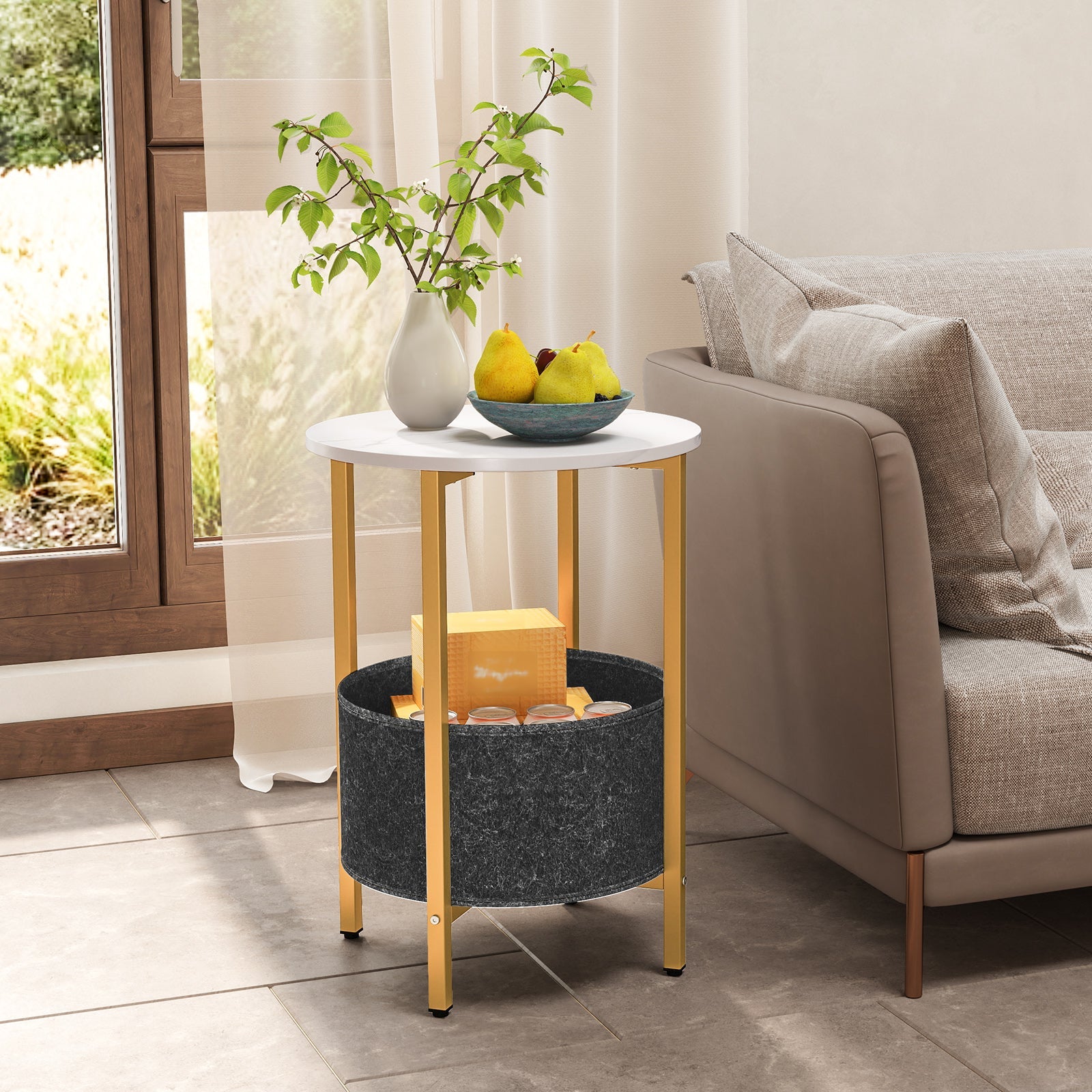 Round End Table 2-Tier Side Table with Removable Fabric Basket and Metal Frame-White