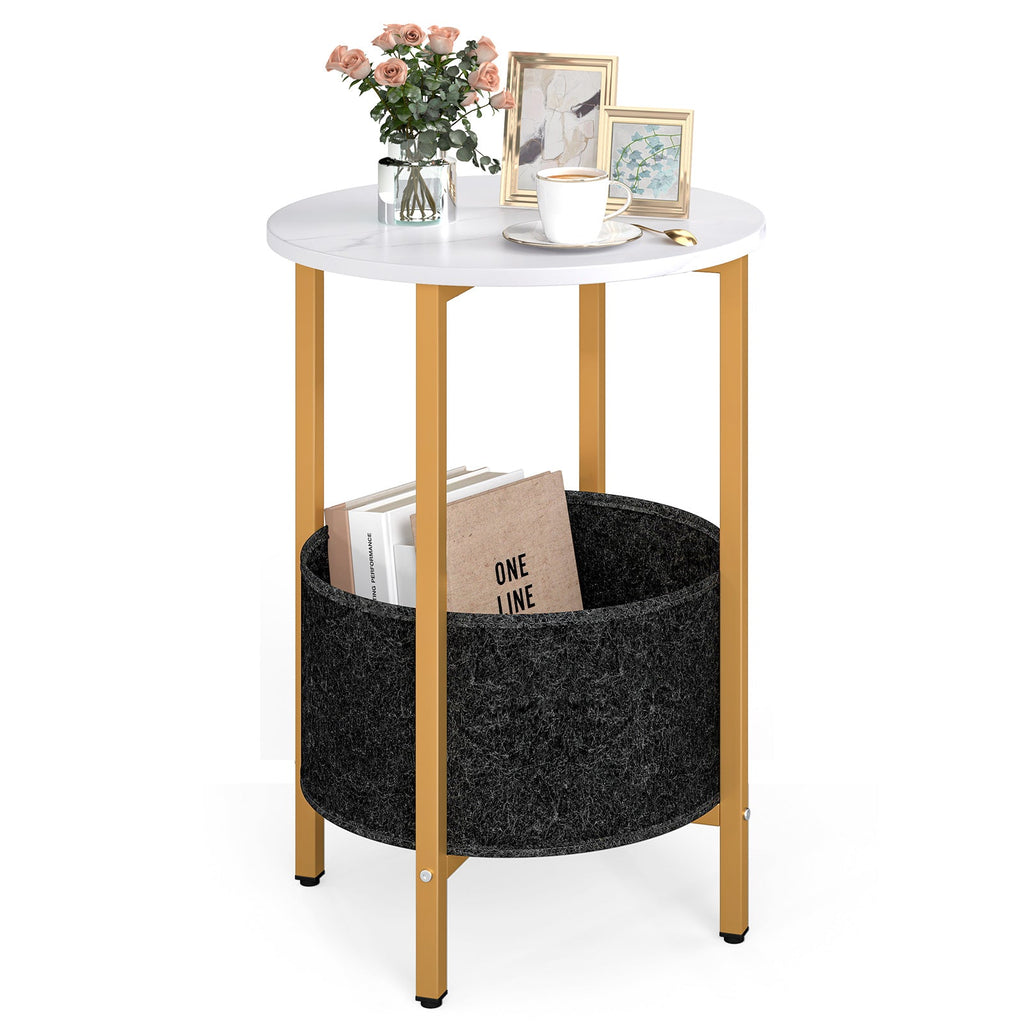 Round End Table 2-Tier Side Table with Removable Fabric Basket and Metal Frame-White