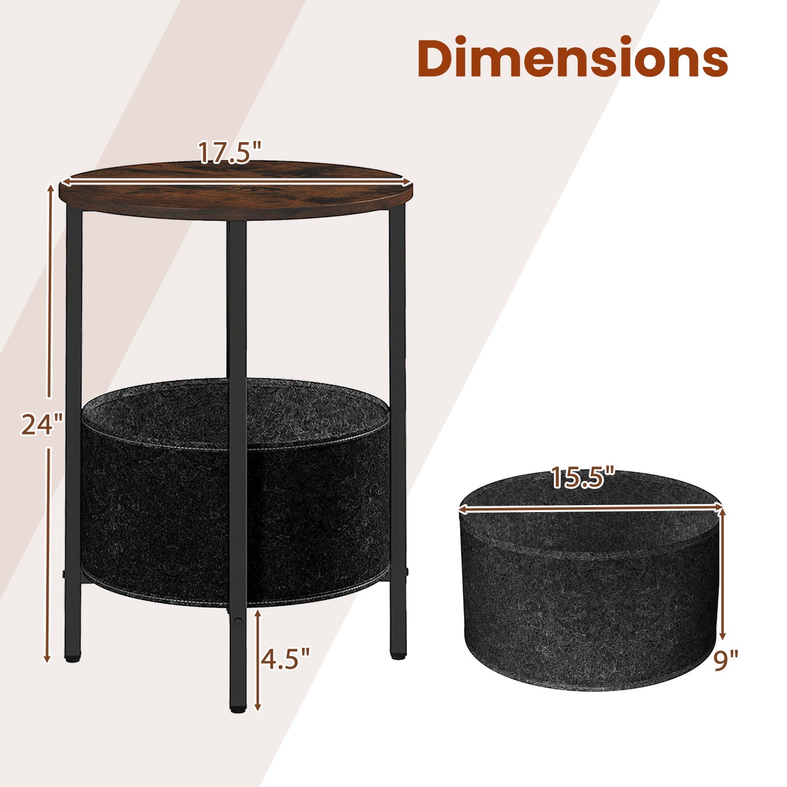 Round End Table 2-Tier Side Table with Removable Fabric Basket and Metal Frame-Rustic Brown