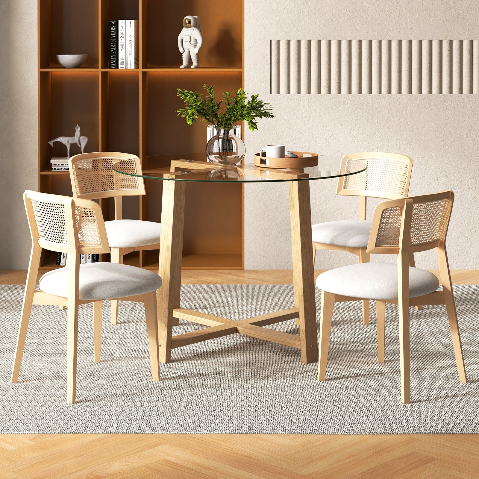 42 Inches Round Glass Dining Table with Tempered Glass Tabletop and Rubber Wood Legs-Natural