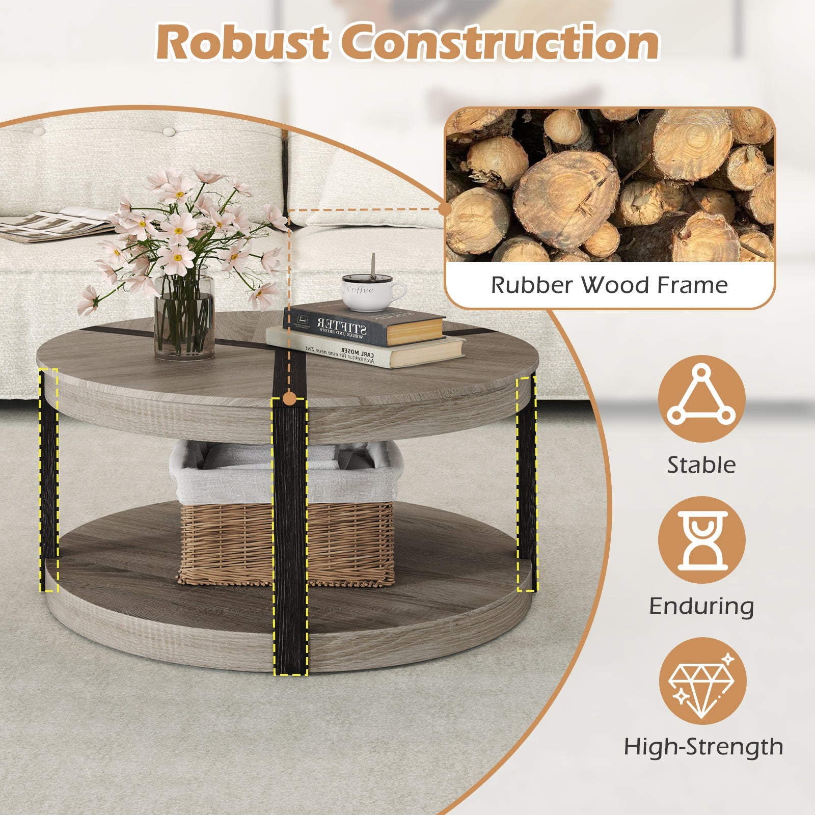 34.5" Rubber Wood 2-Tier Round Center Table with Spacious Tabletop and Storage Shelf-Gray